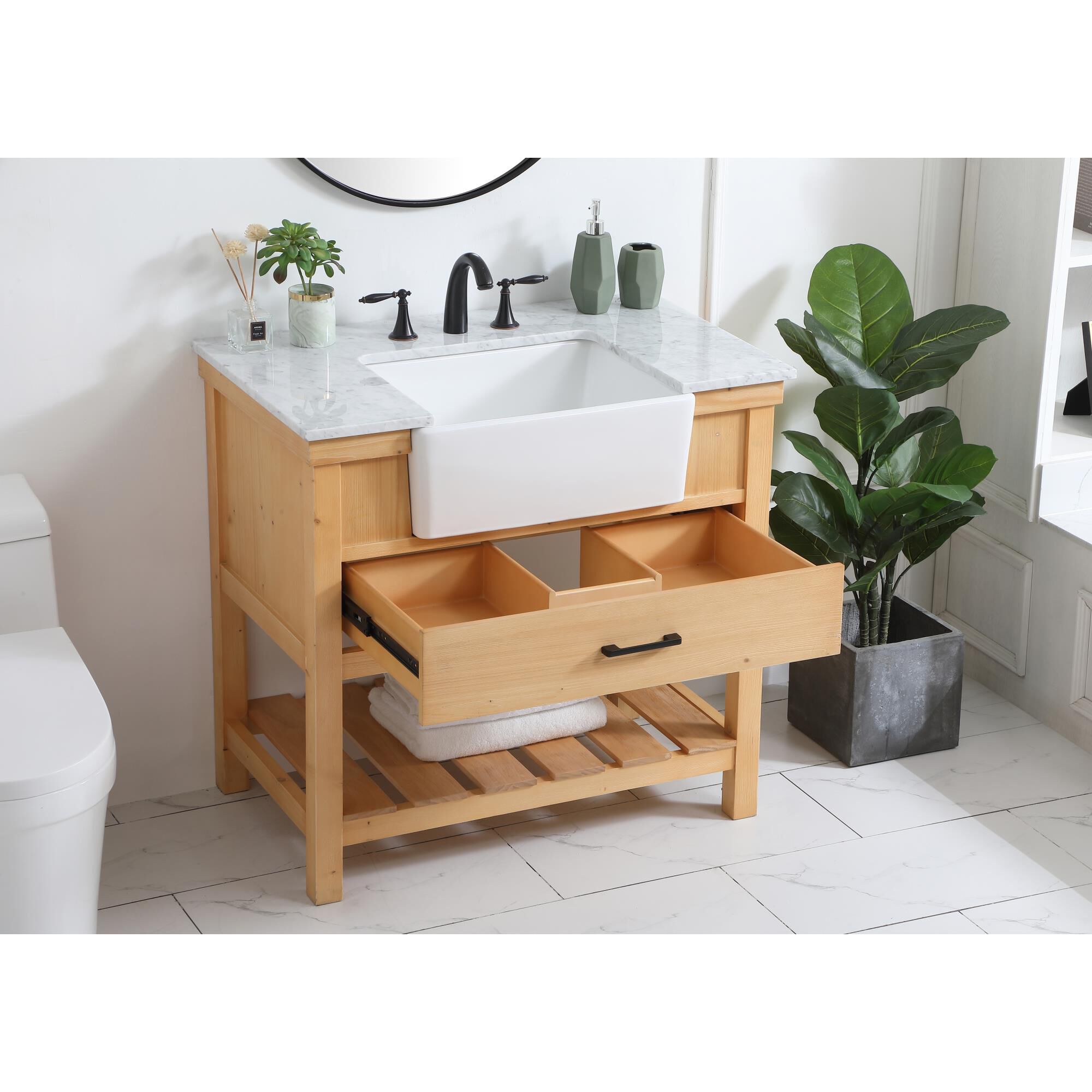 Shown in Natural Wood finish and Without Backsplash accent