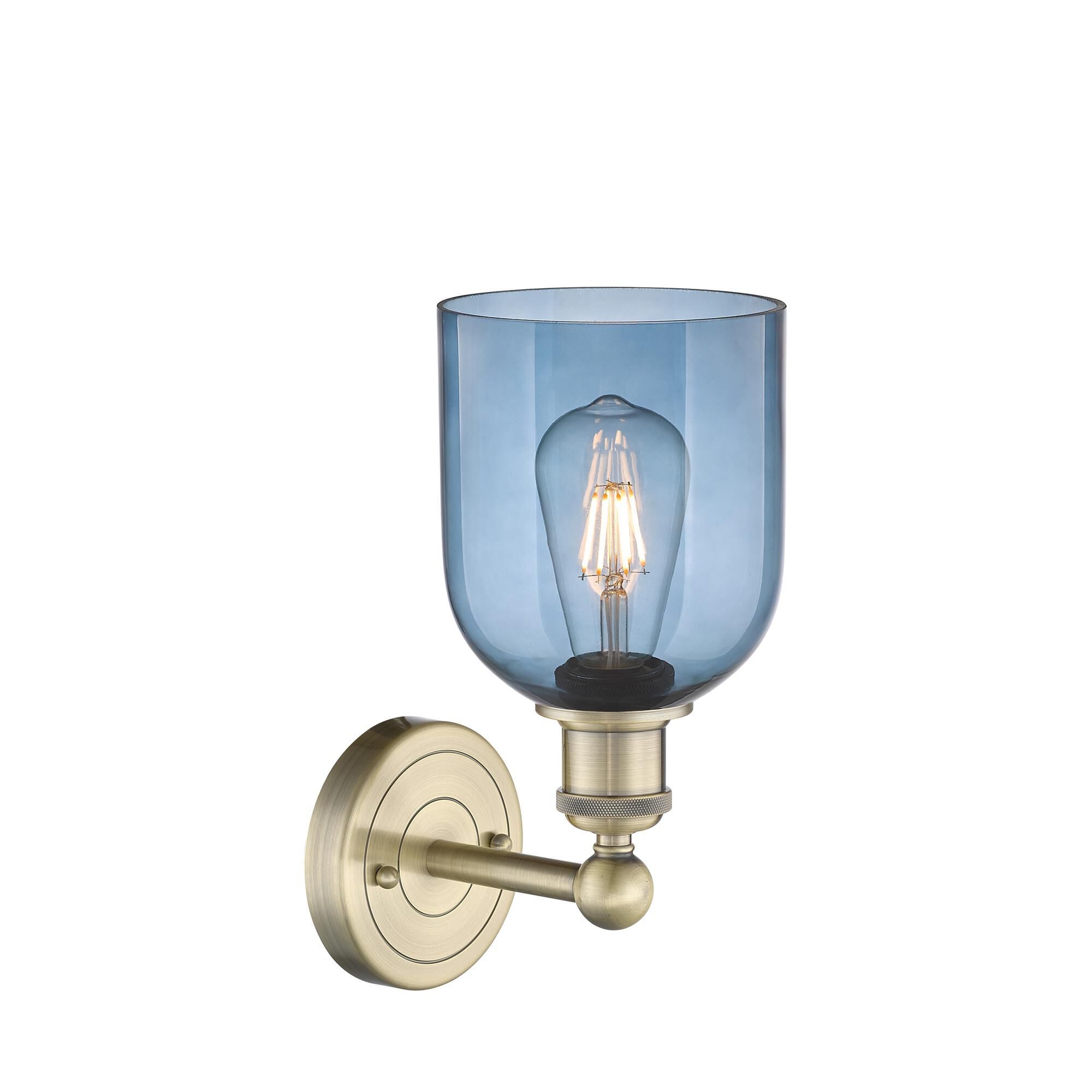 Shown in Antique Brass finish and Princess Blue glass