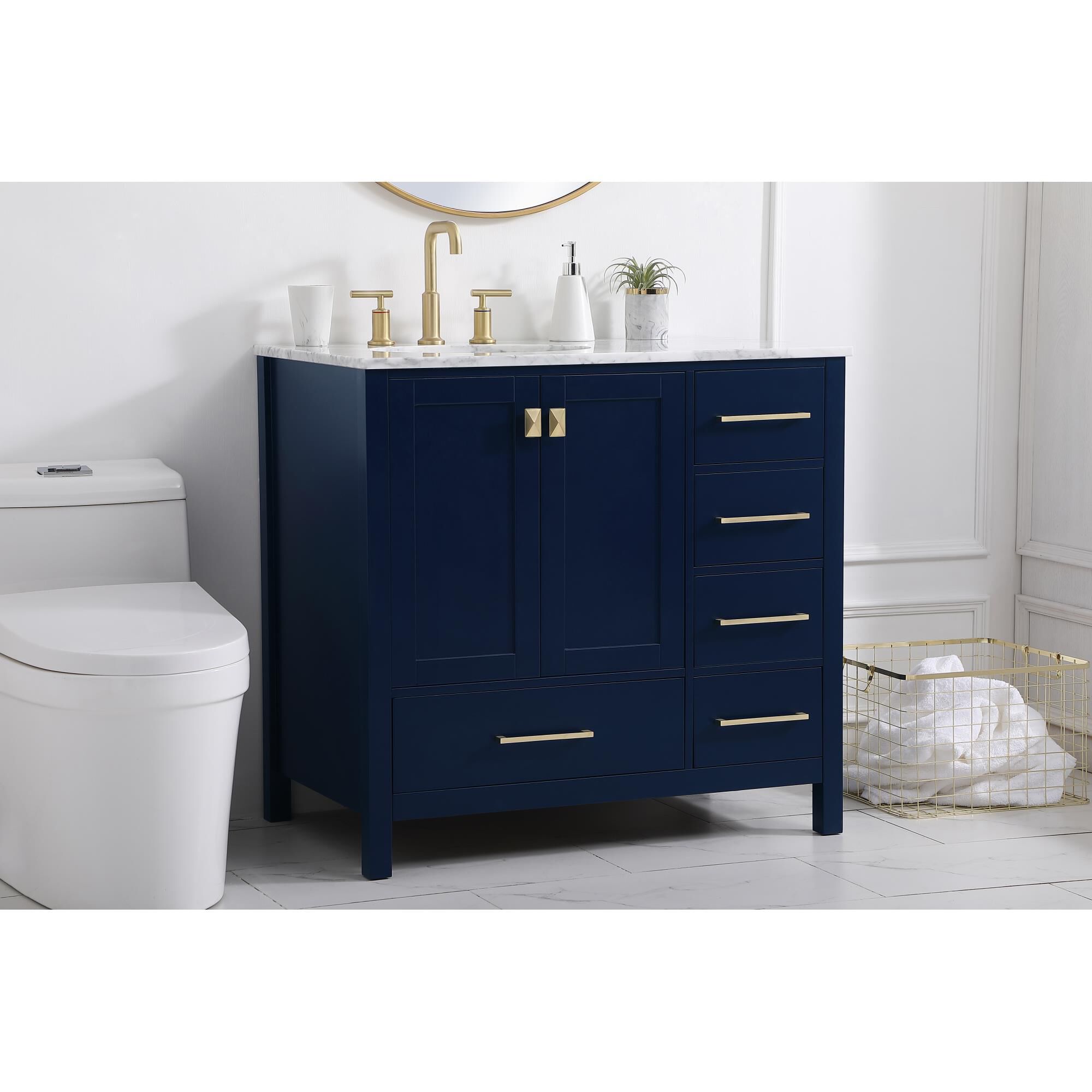 Shown in Blue And Gold With Carrara White Marble finish