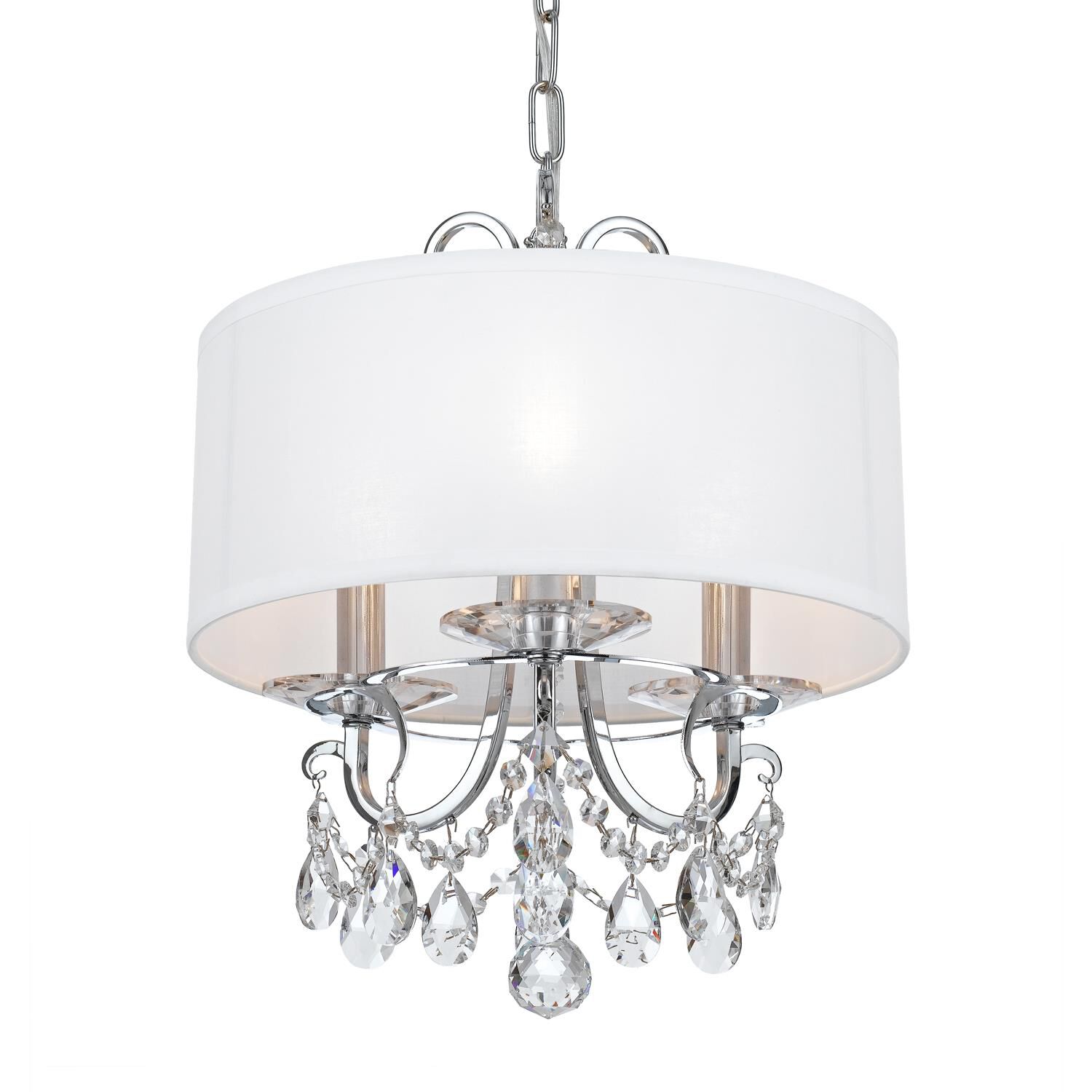 Shown in Polished Chrome finish and Clear Hand Cut crystal and White Silk glass and Silk shade