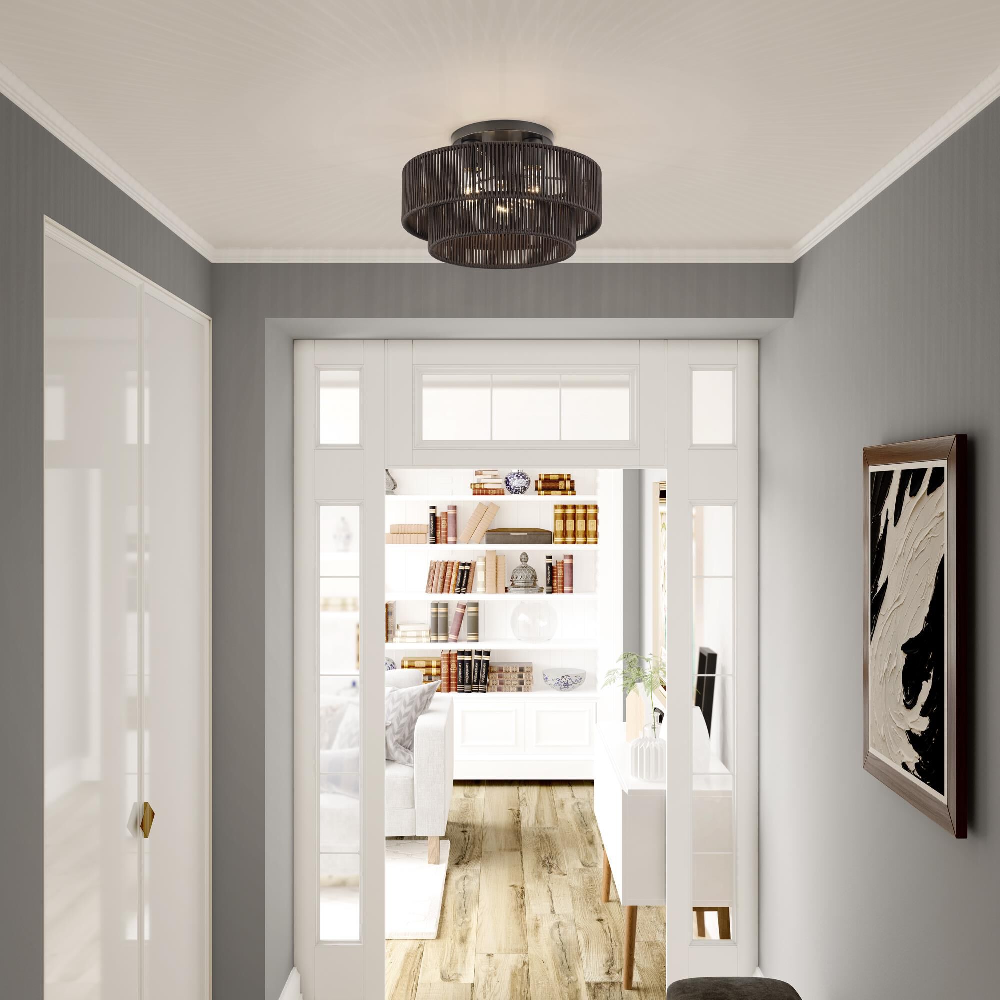 Shown in English Bronze finish and Hand-Woven Dark Chocolate Color Polyester Rope shade