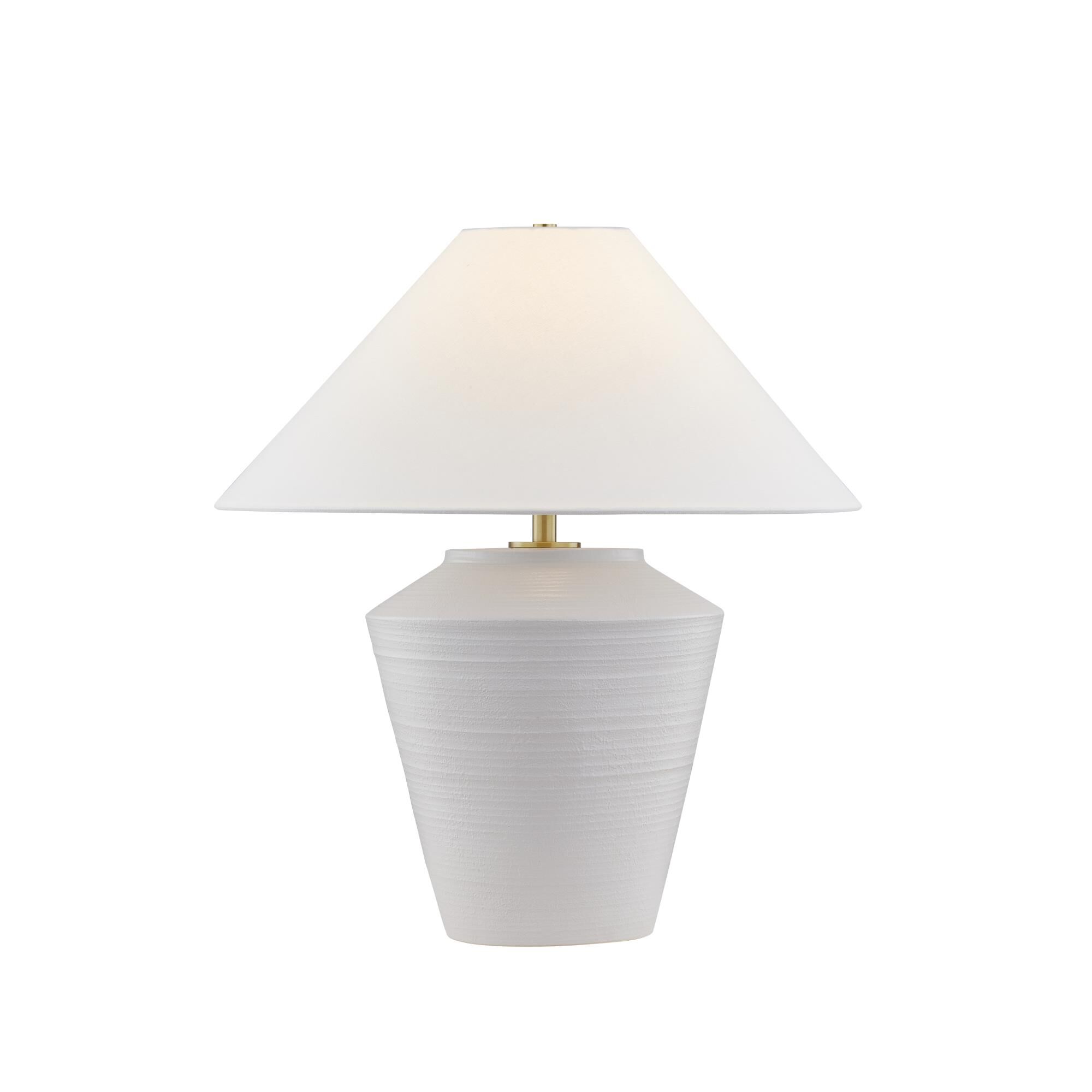 Shown in Aged Brass and Ceramic Whitewash Terracotta finish and White Linen shade
