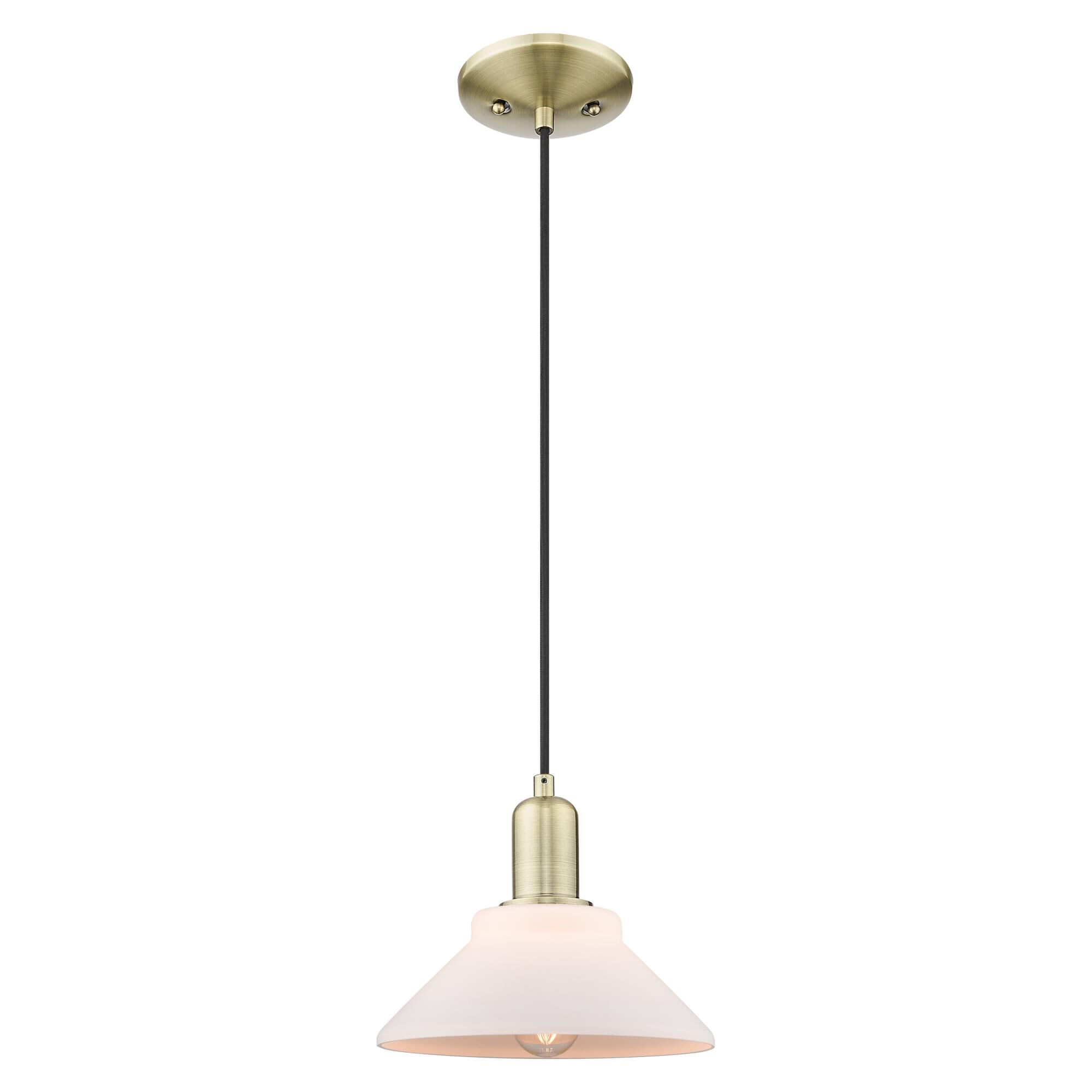 Shown in Antique Brass finish and Matte White glass