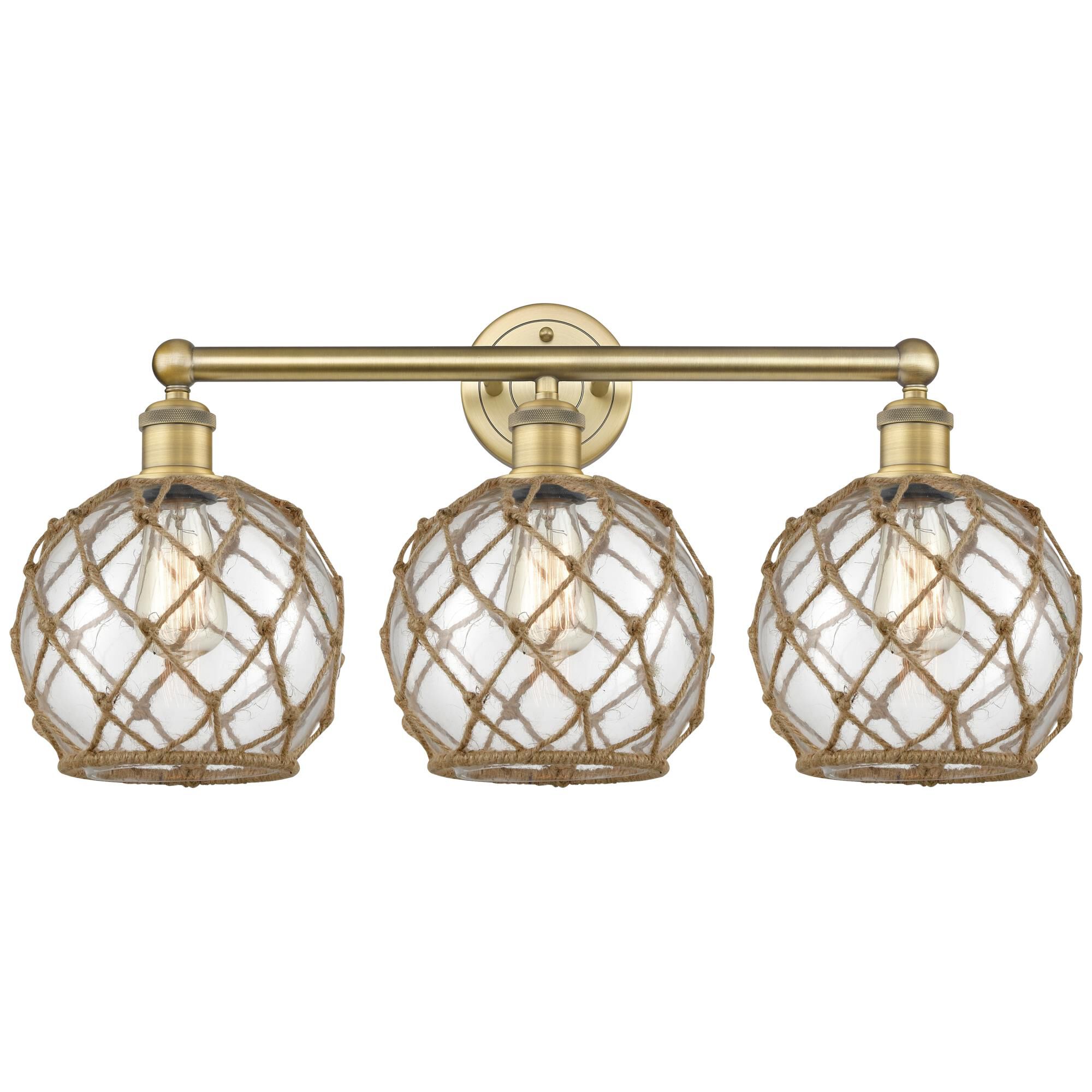 Shown in Brushed Brass finish and Clear with Brown Rope glass