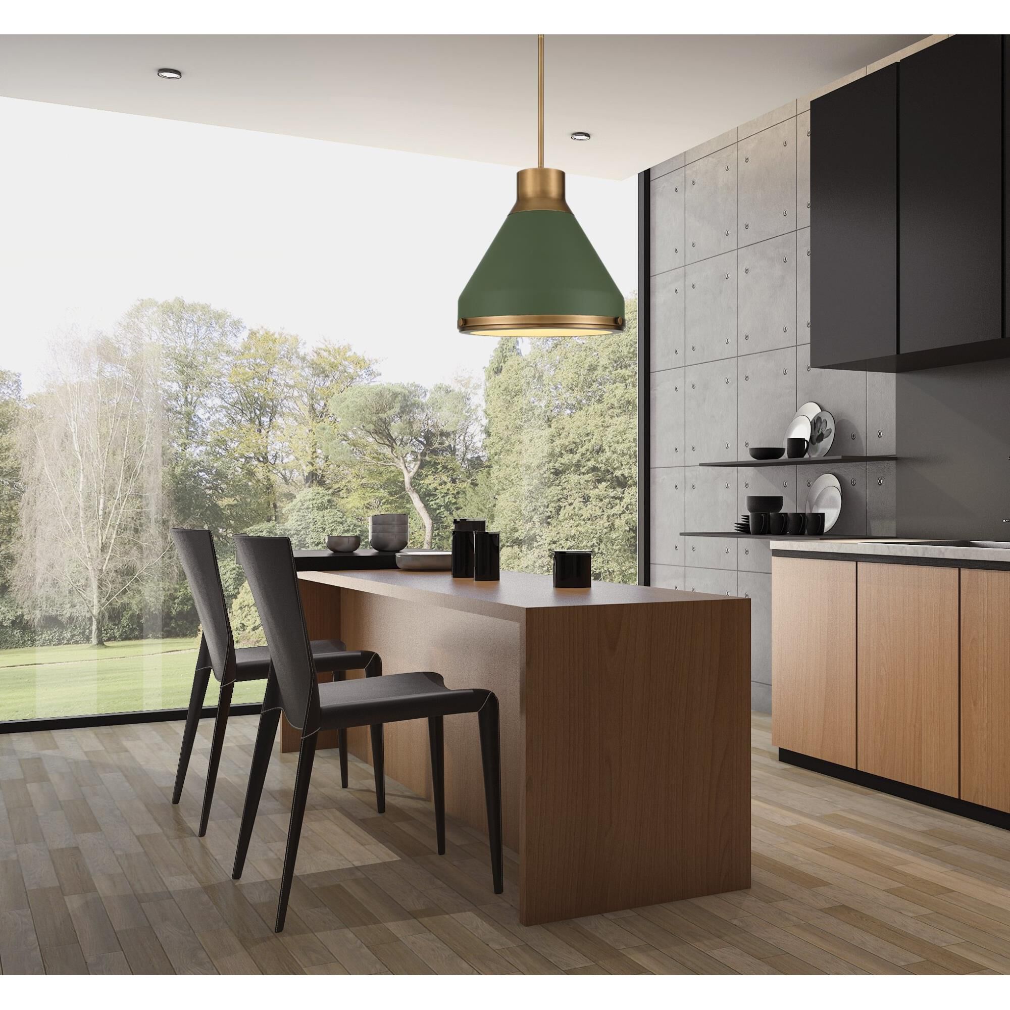 Shown in Natural Brass finish and Etched glass and Natural Brass, Matte Green shade