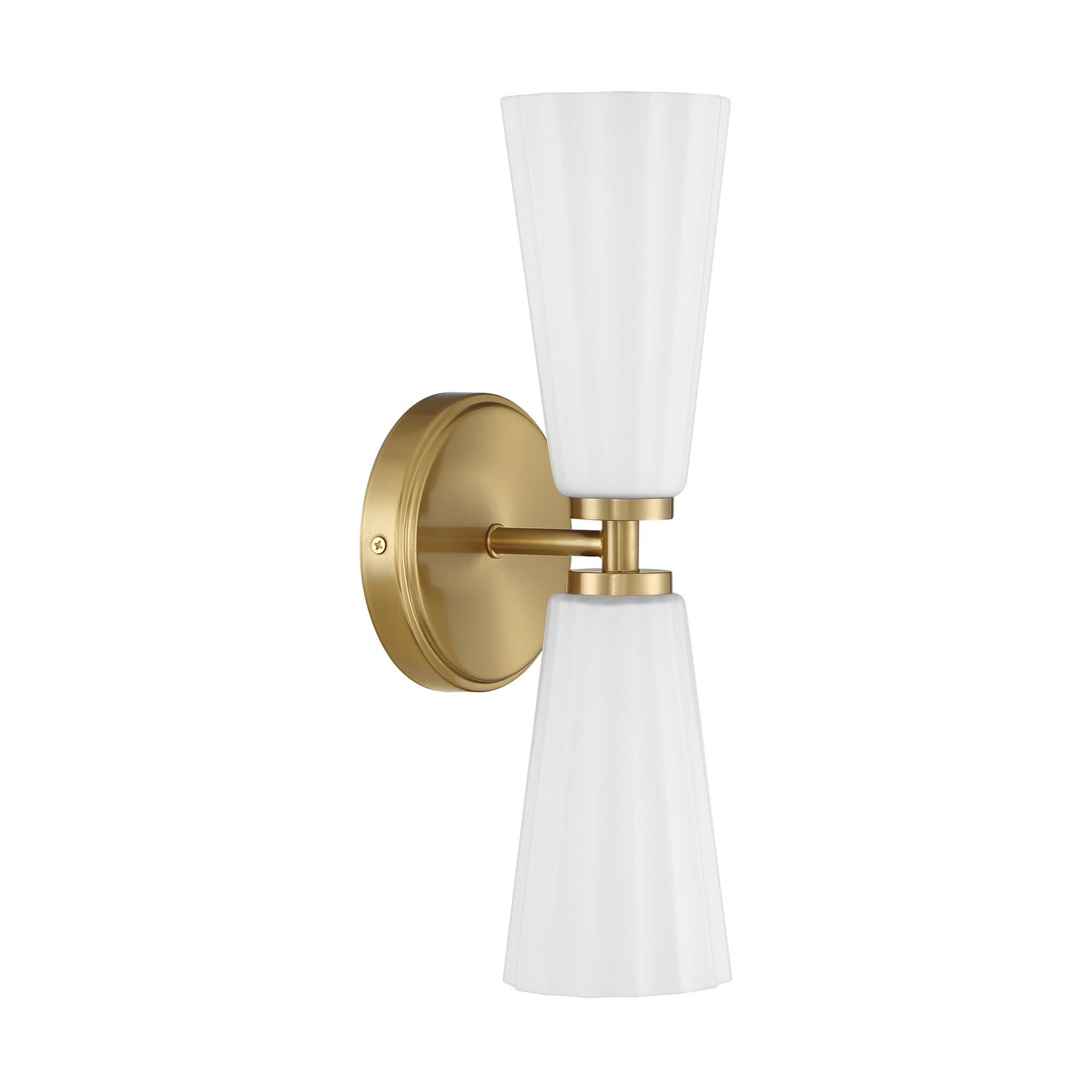 Shown in Natural Brass finish and White Fluted glass