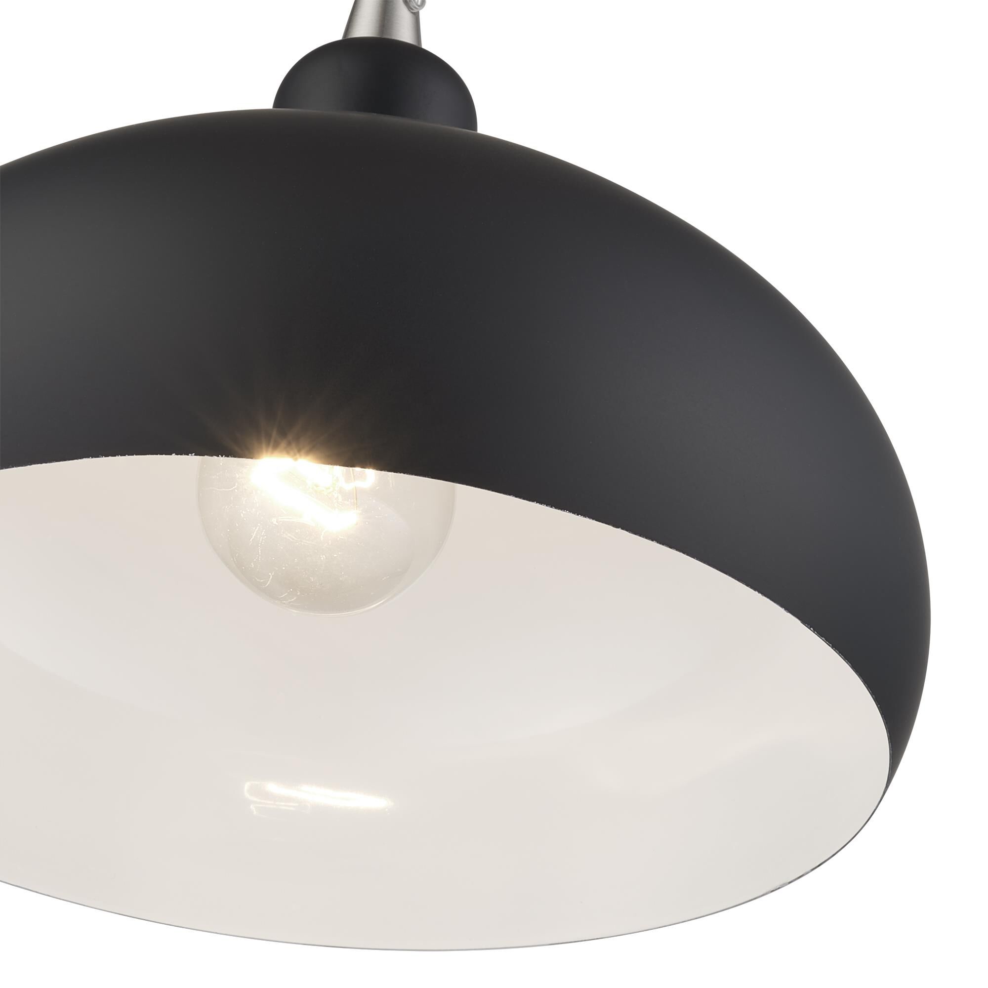 Shown in Black with Brushed Nickel Accents finish and Black Steel with Shiny White Inside shade