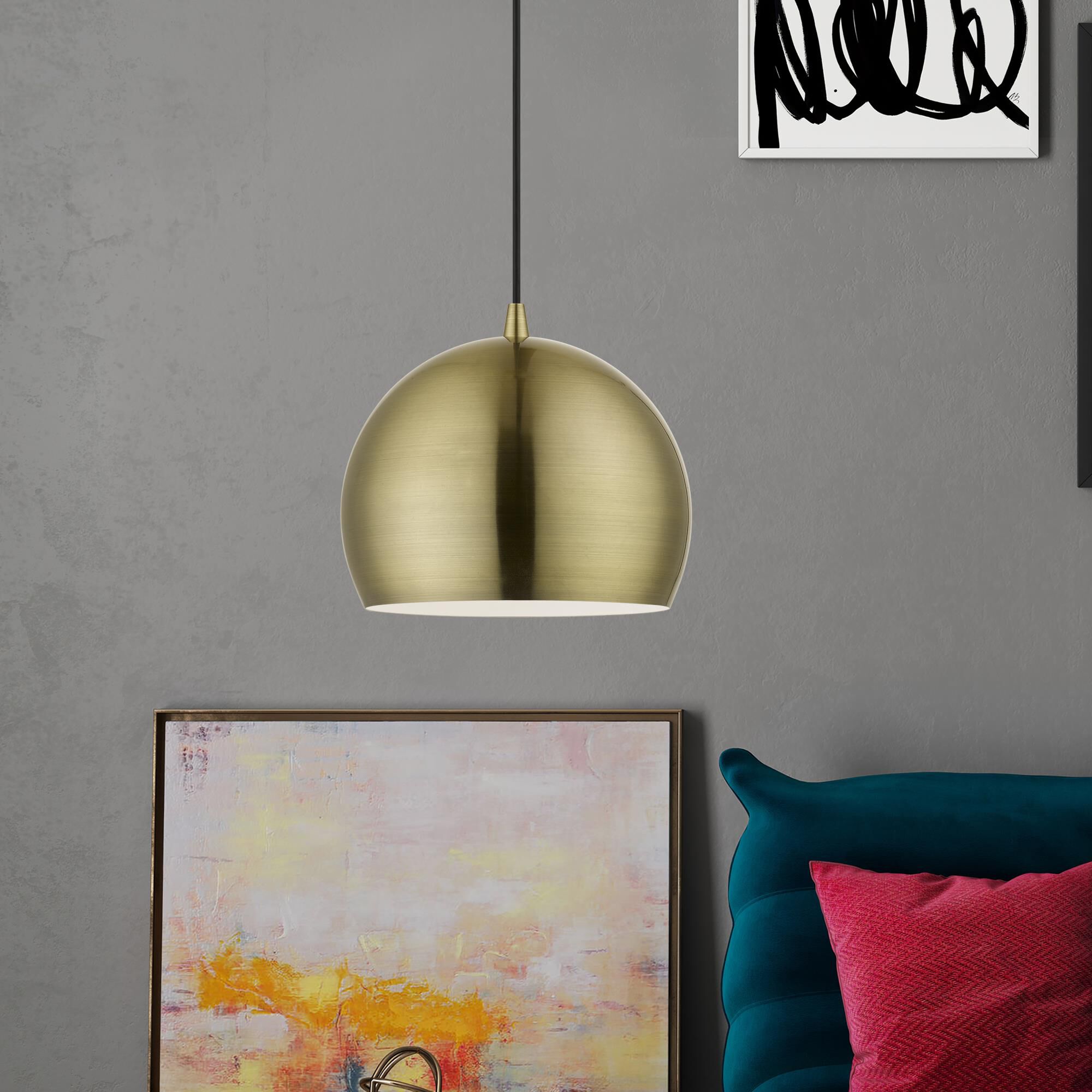 Shown in Antique Brass finish and Antique Brass Metal with White Inside shade