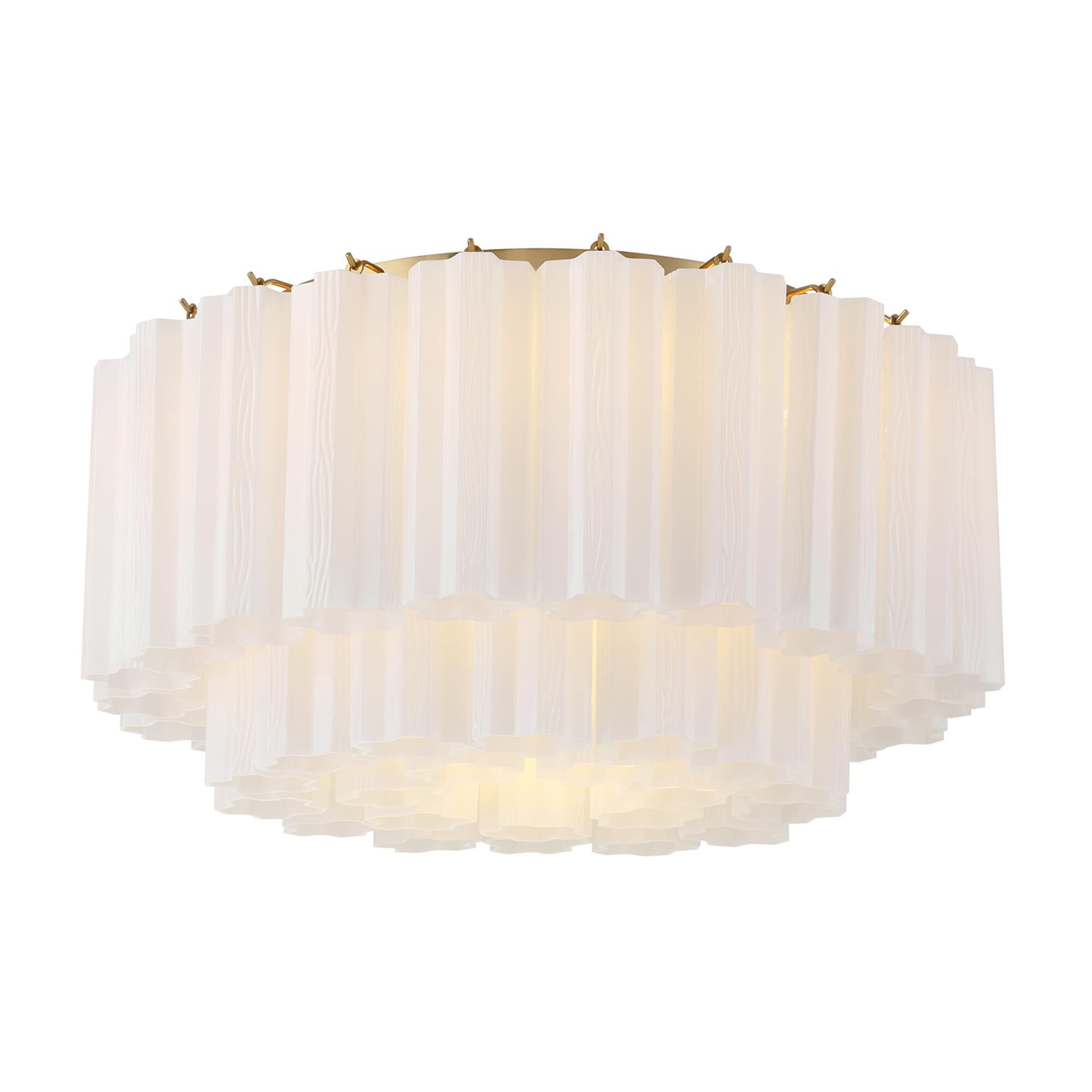 Shown in Aged Brass finish and Tronchi White glass