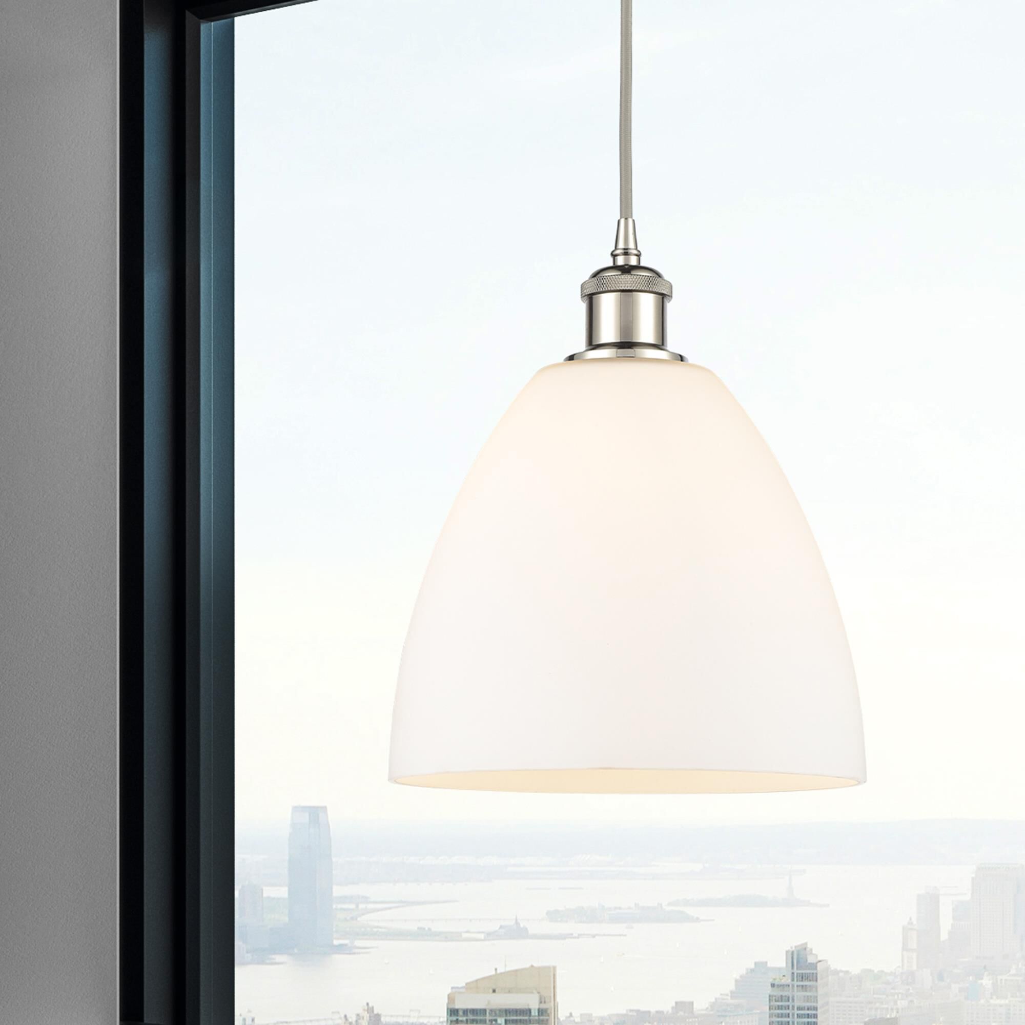 Shown in Polished Nickel finish and Matte White glass