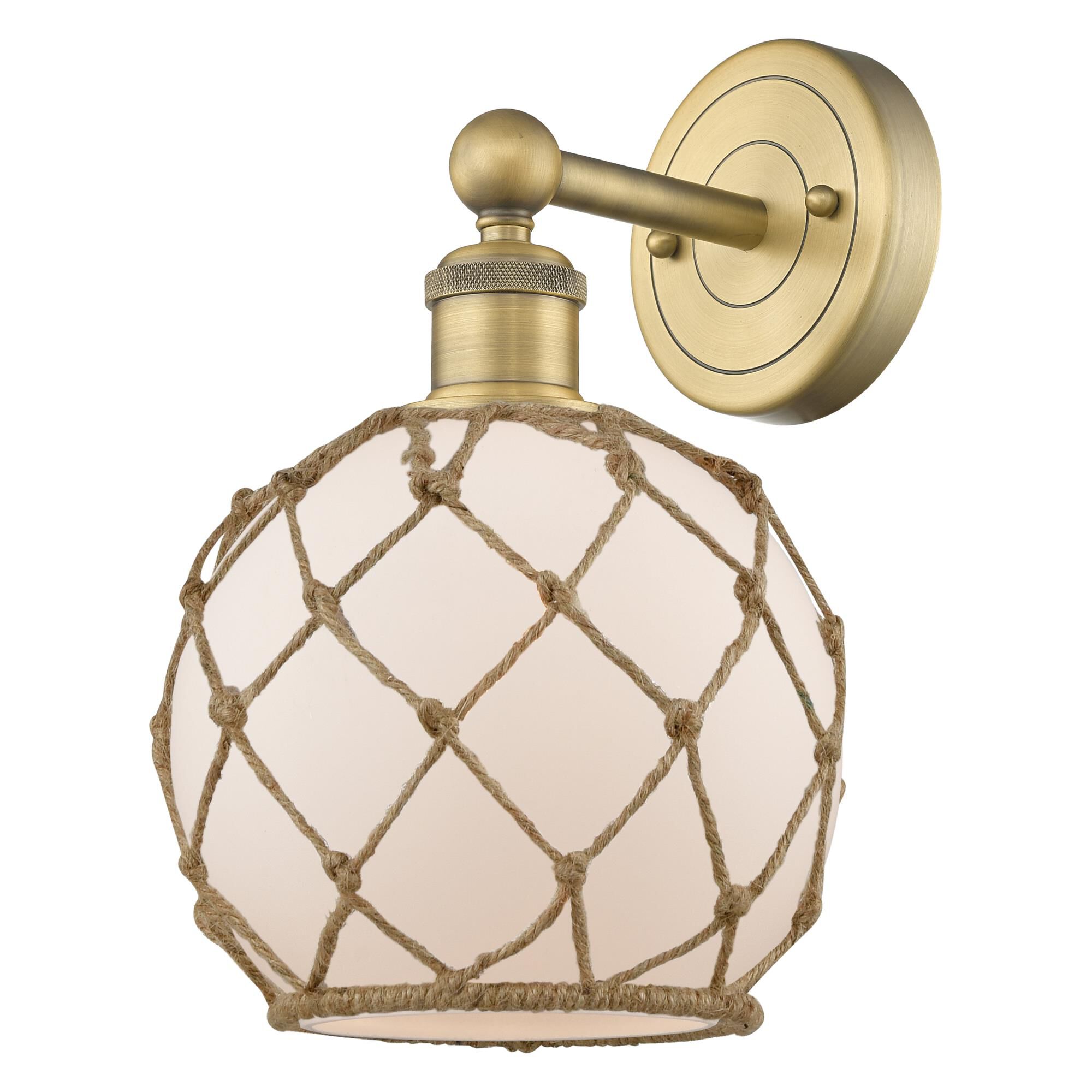 Shown in Brushed Brass finish and White with Brown Rope glass