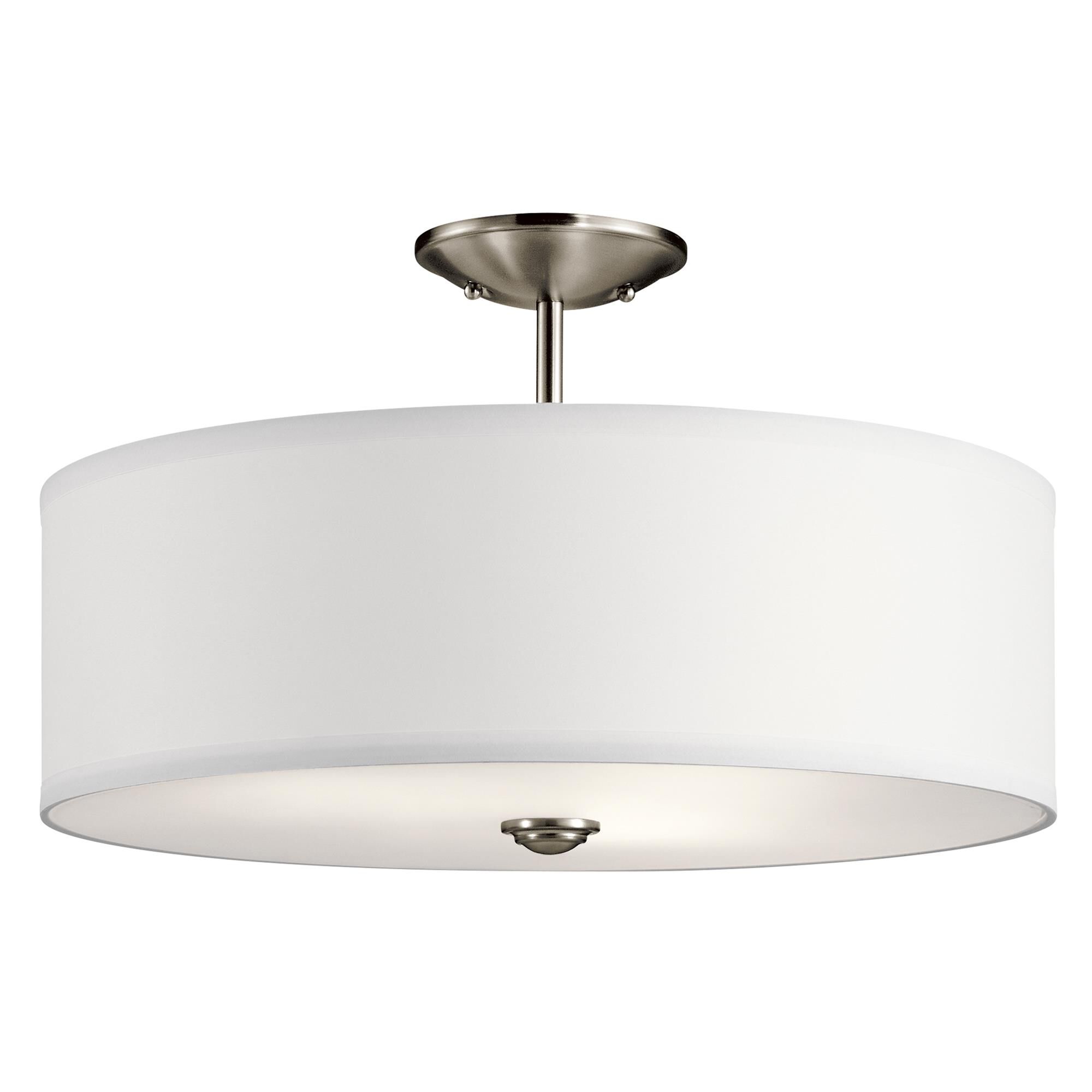 Shown in Brushed Nickel finish and Satin Etched Diffuser glass and White Microfiber shade