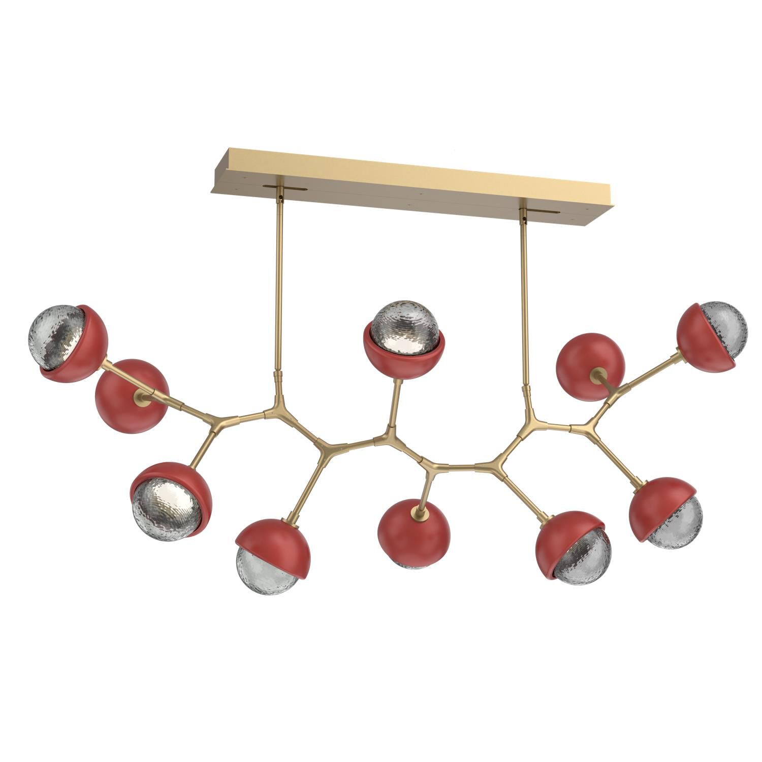 Shown in Gilded Brass finish and Smoke glass and Cinnamon Red accent