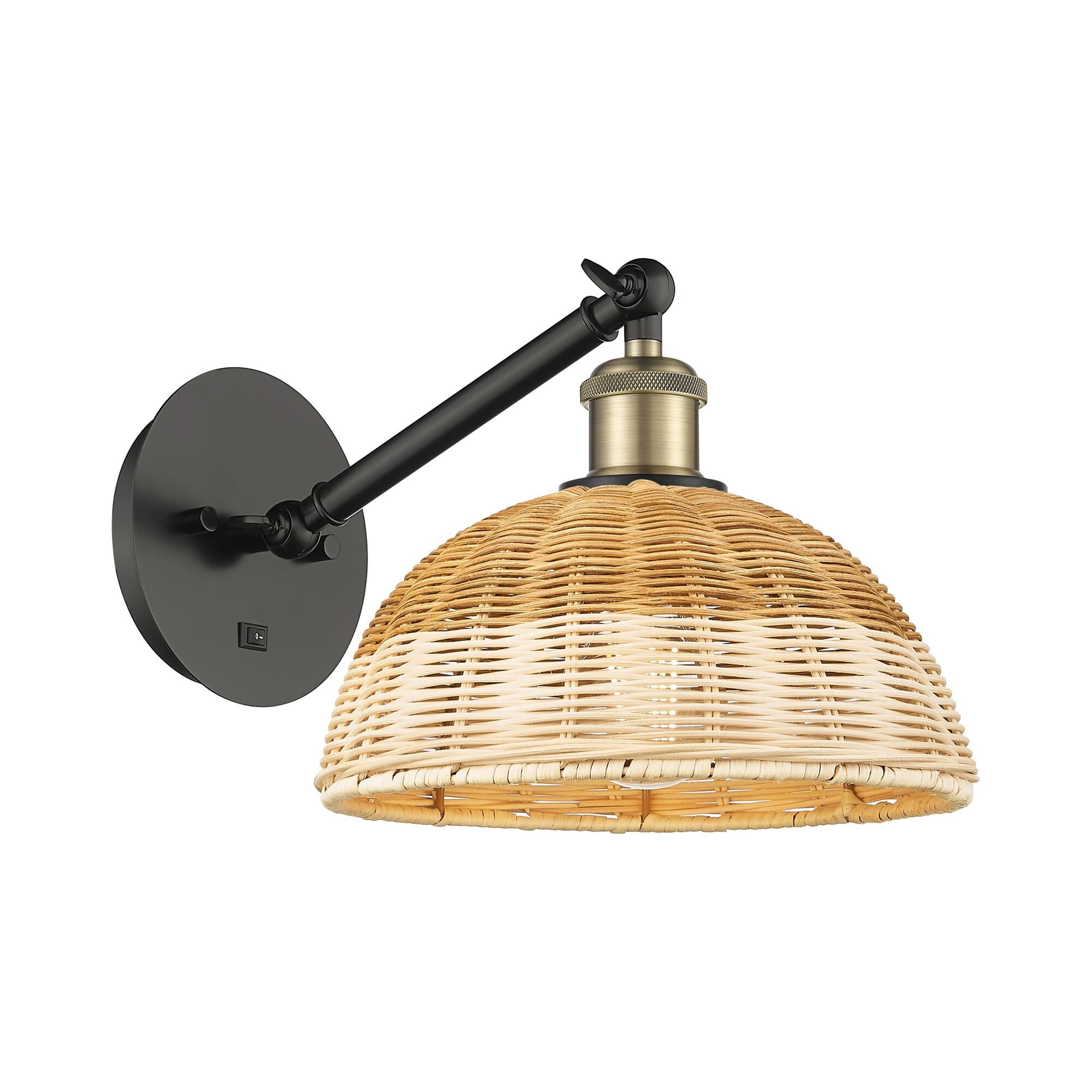 Shown in Black Antique Brass finish and Natural shade