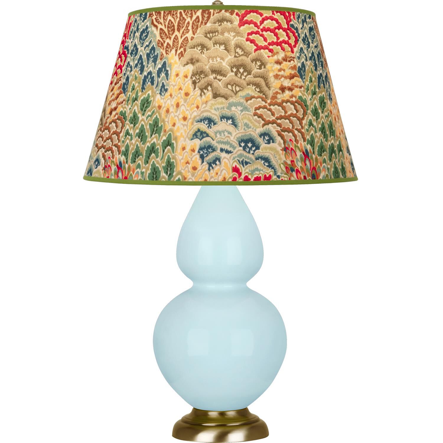 Shown in Baby Blue finish and Fall Floral shade and Antique Natural Brass accent