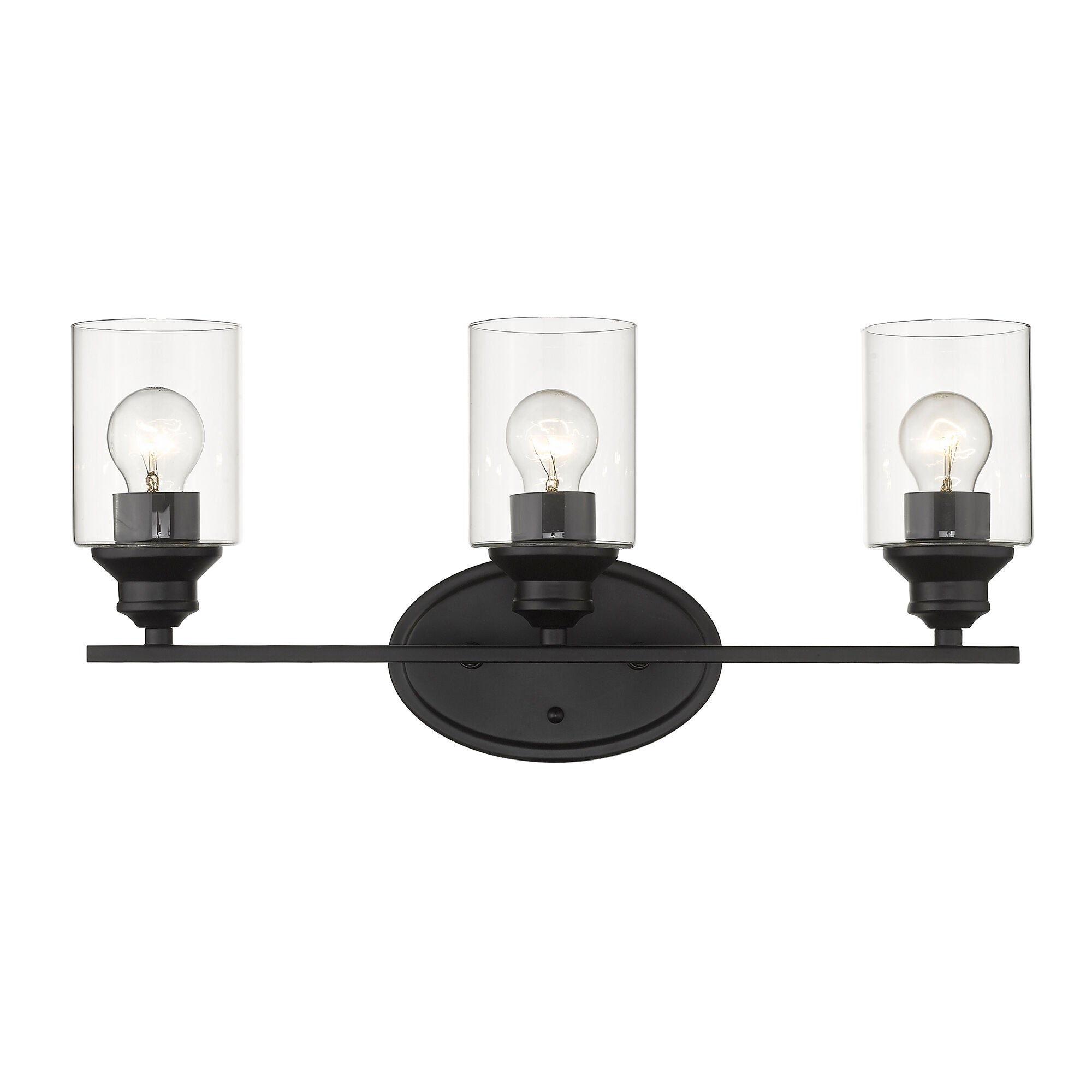 Shown in Matte Black finish and Clear glass and Clear, Cylindrical Glass s shade