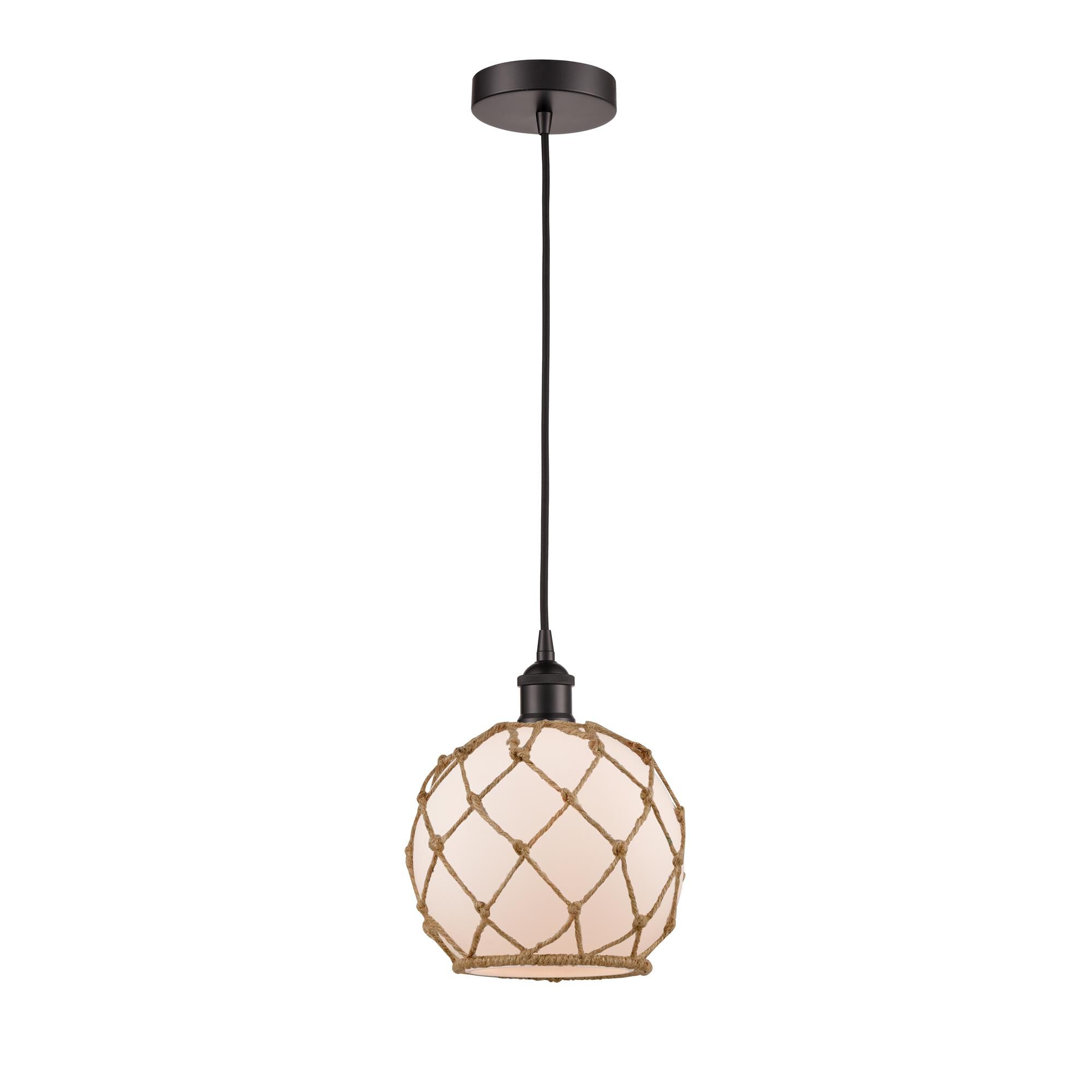 Shown in Oil Rubbed Bronze finish and White Farmhouse With Brown Rope glass