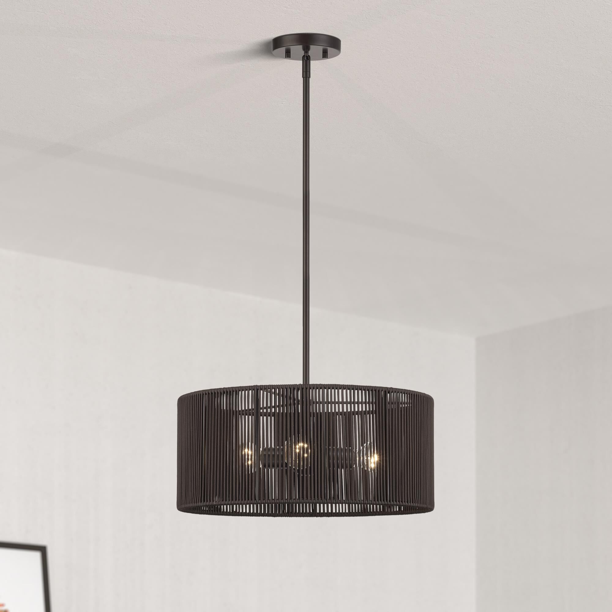 Shown in English Bronze finish and Hand-Woven Dark Chocolate Color Polyester Rope shade