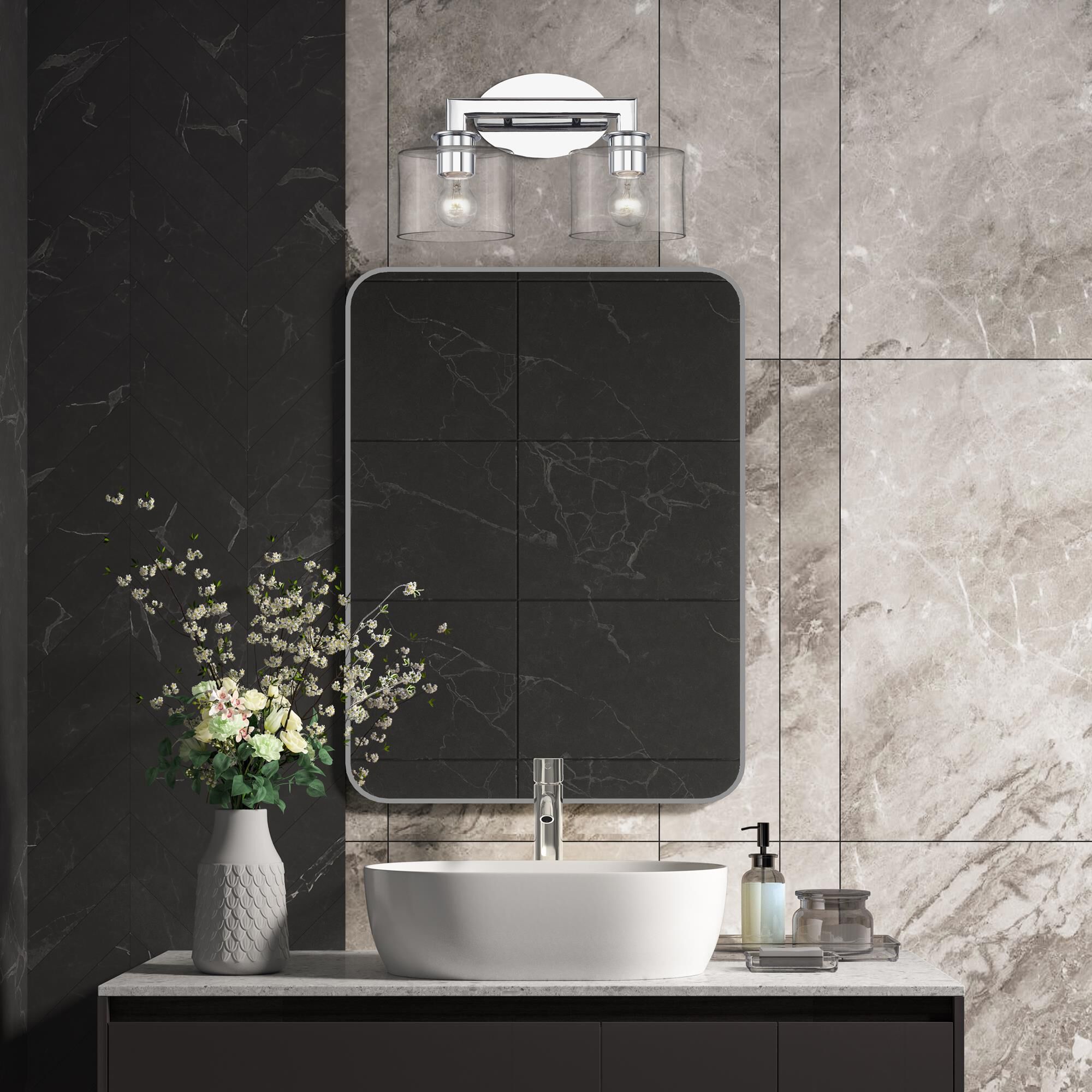 Shown in Polished Chrome finish and Mouth Blown Clear glass
