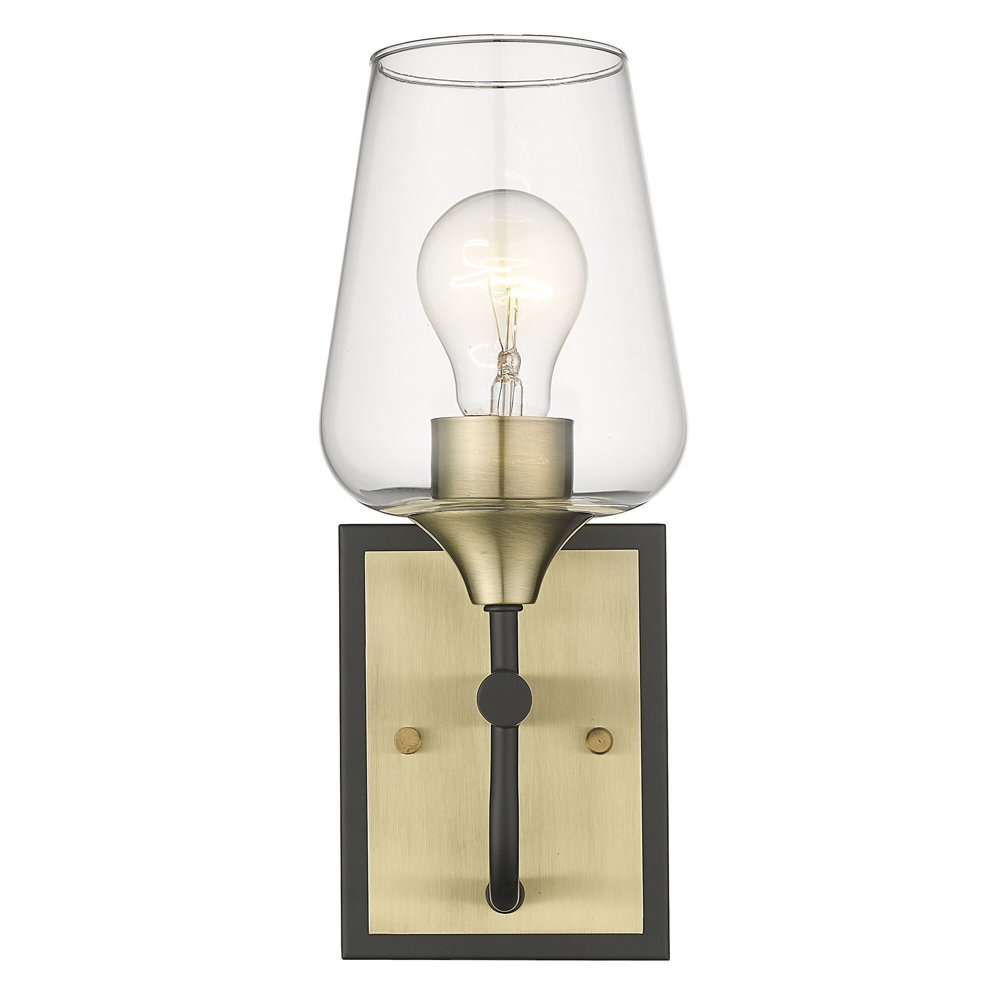 Shown in Antique Brass And Black finish and Clear Glass shade