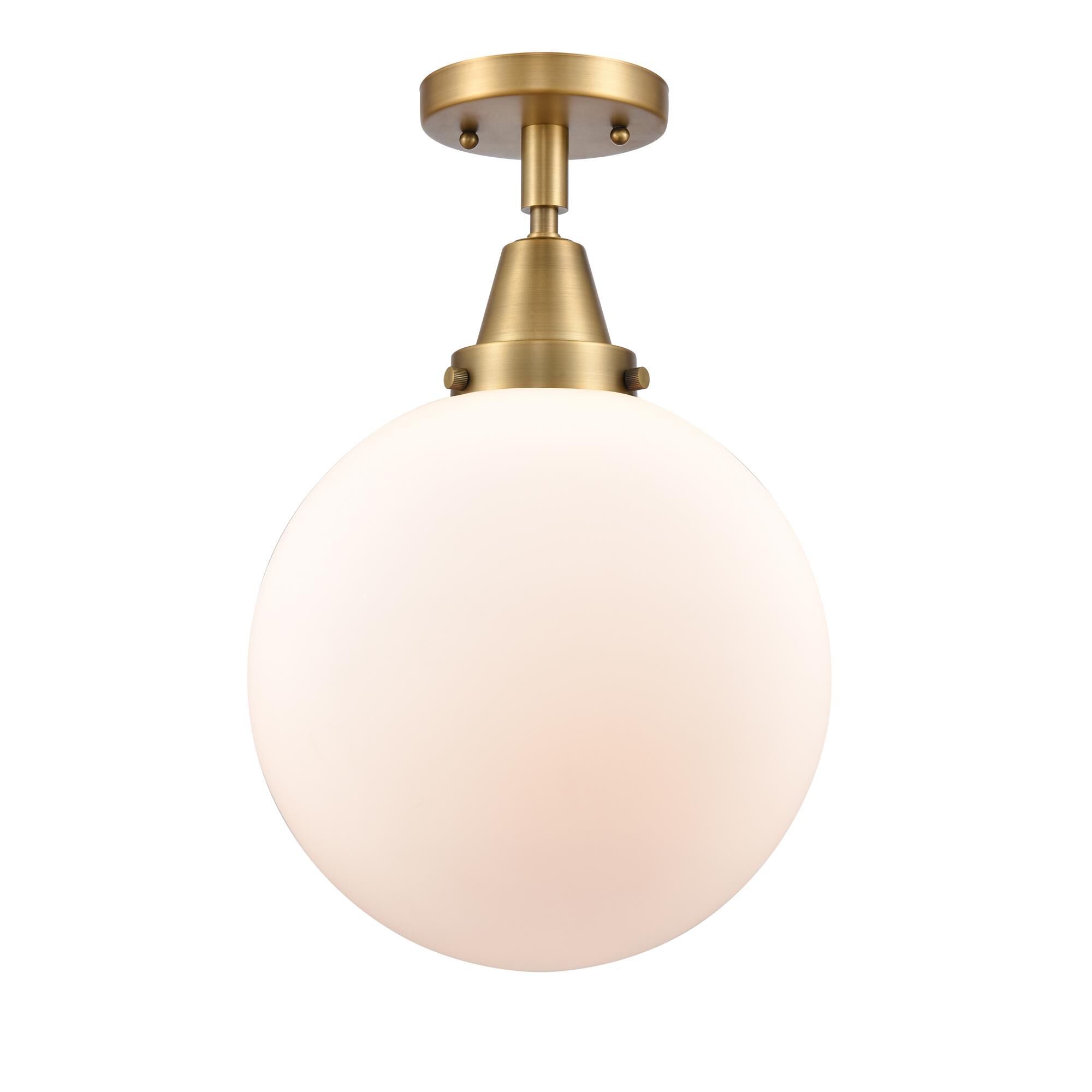Shown in Brushed Brass finish and Matte White Cased Beacon glass