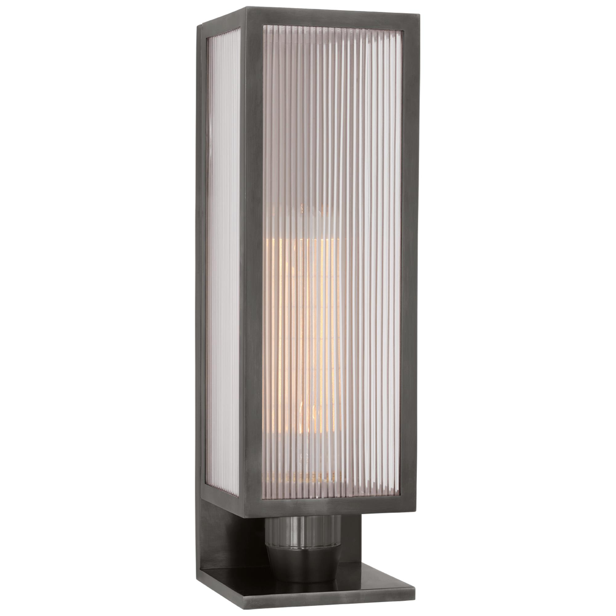 Shown in Bronze finish and Clear Ribbed glass