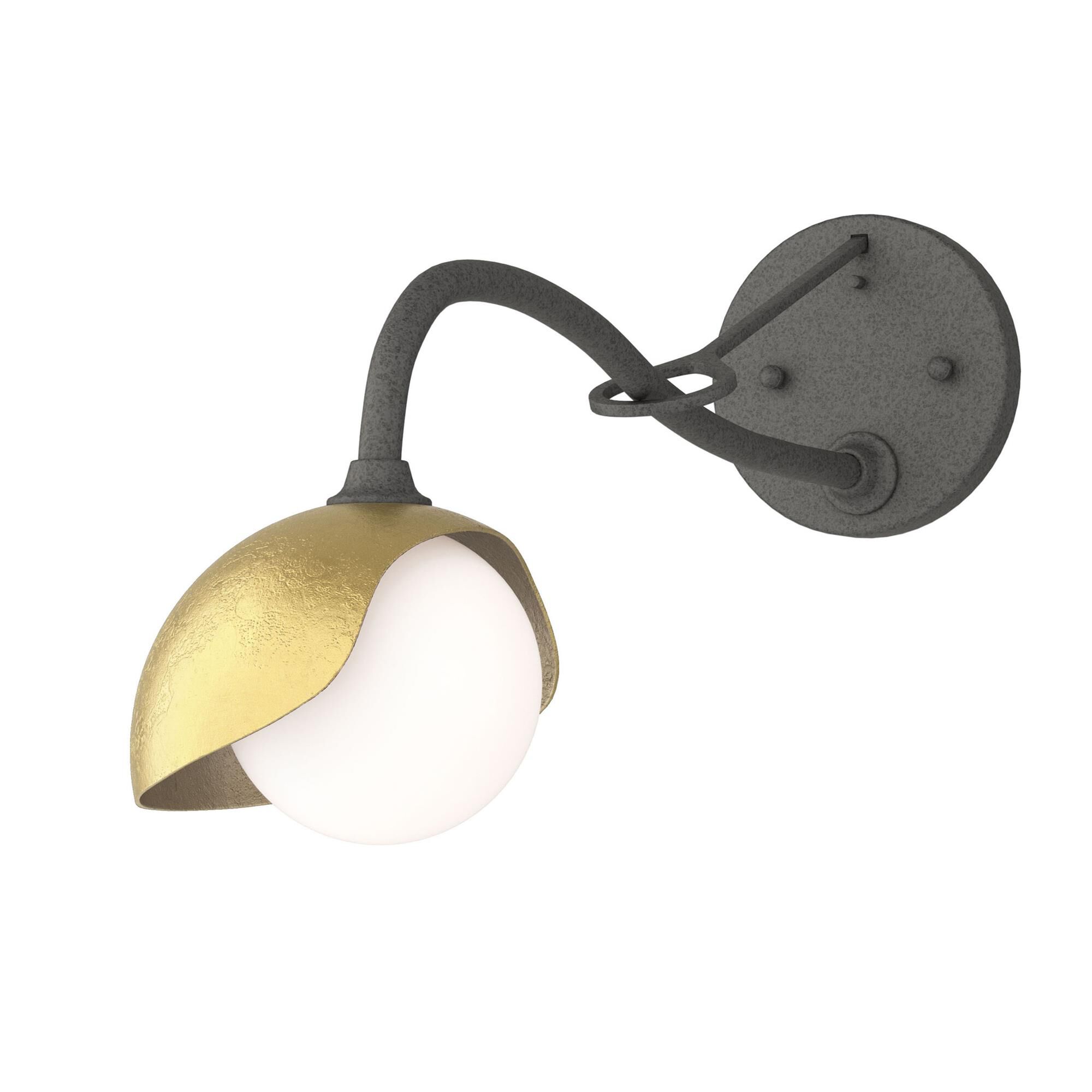 Shown in Natural Iron finish and Opal glass and Modern Brass (86) accent