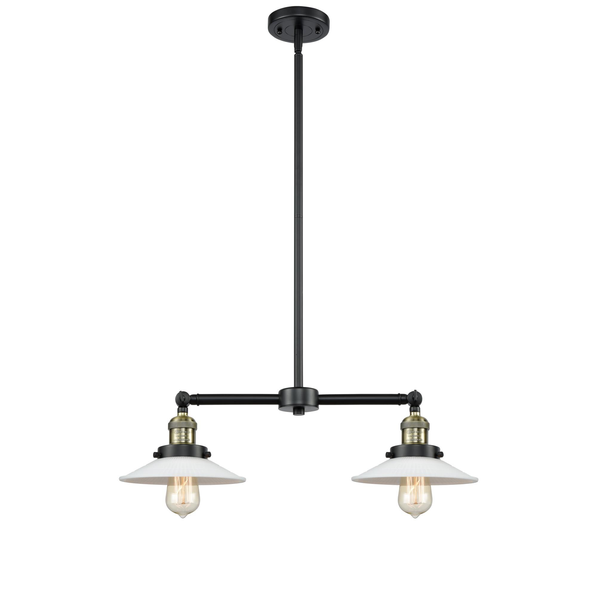 Shown in  Black Antique Brass finish and Matte White Halophane - Cone glass