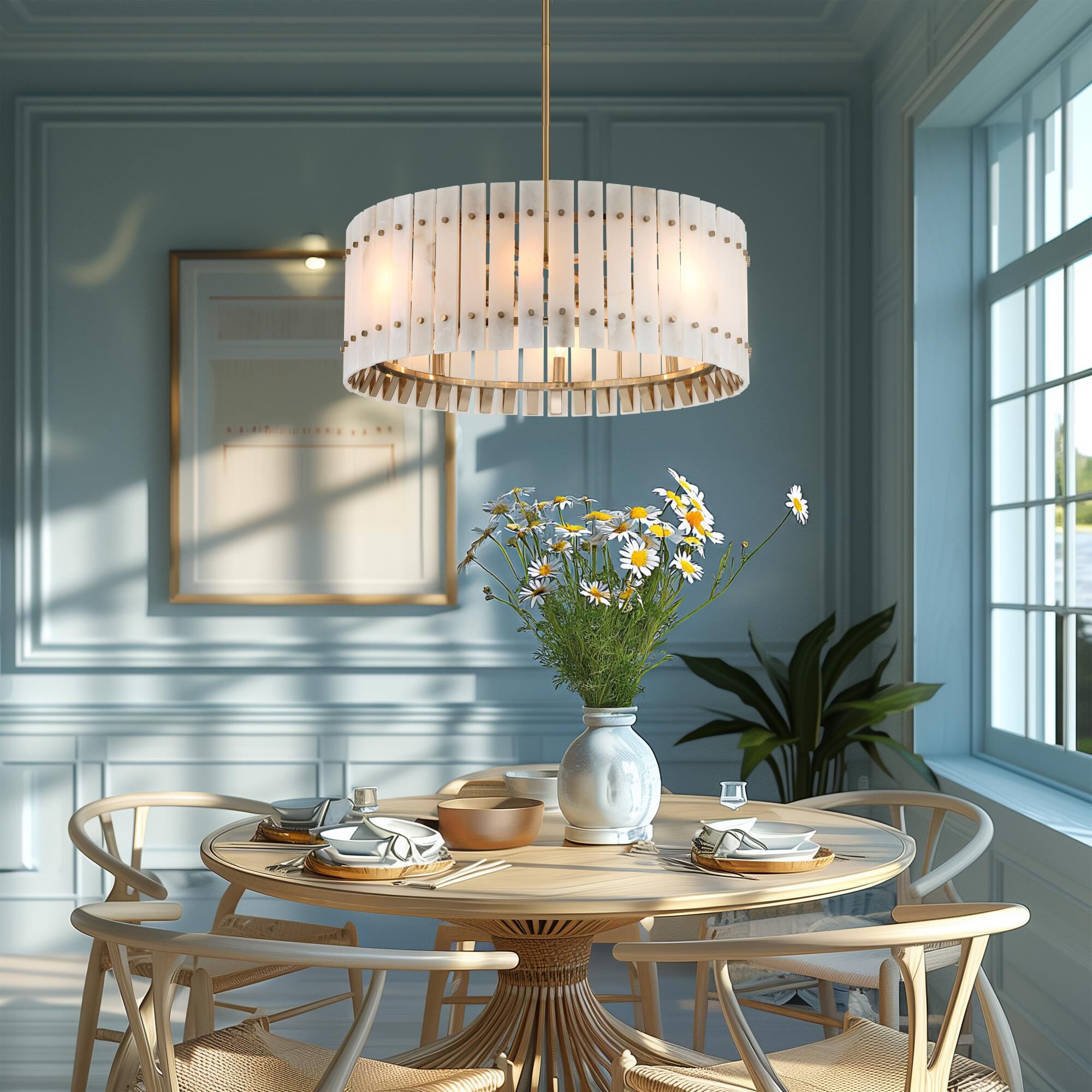 Shown in Celeste Brass finish and Alabaster White glass