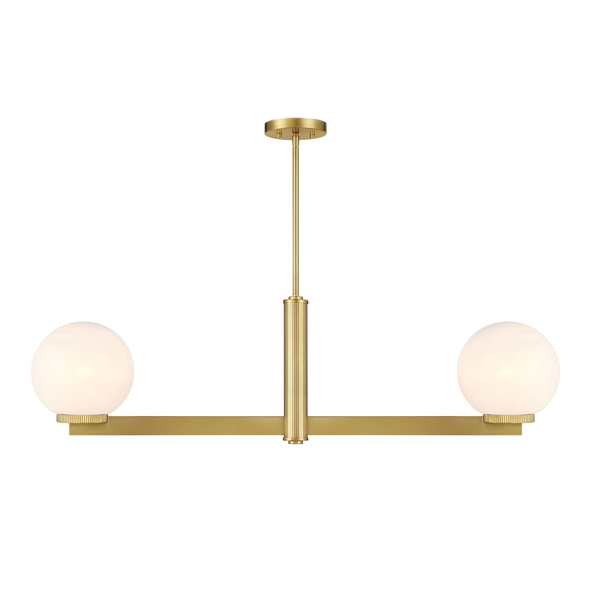 Shown in Natural Brass finish and White Strie glass and Glass shade