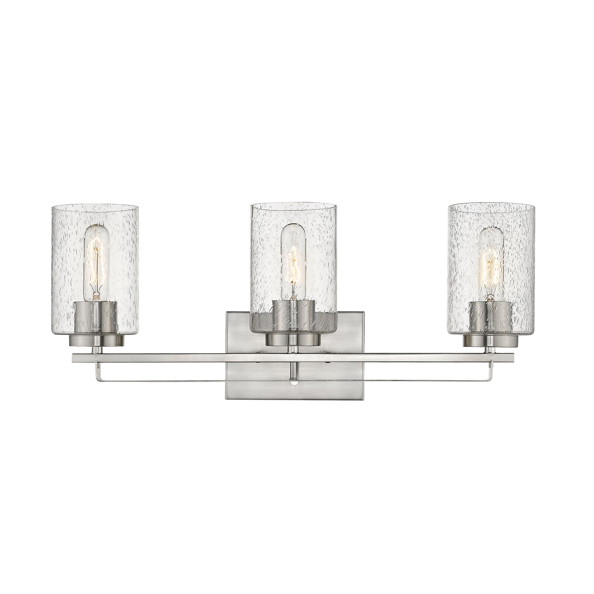 Shown in Satin Nickel finish and Clear glass and Clear, Seeded Cylindrical Glass s shade