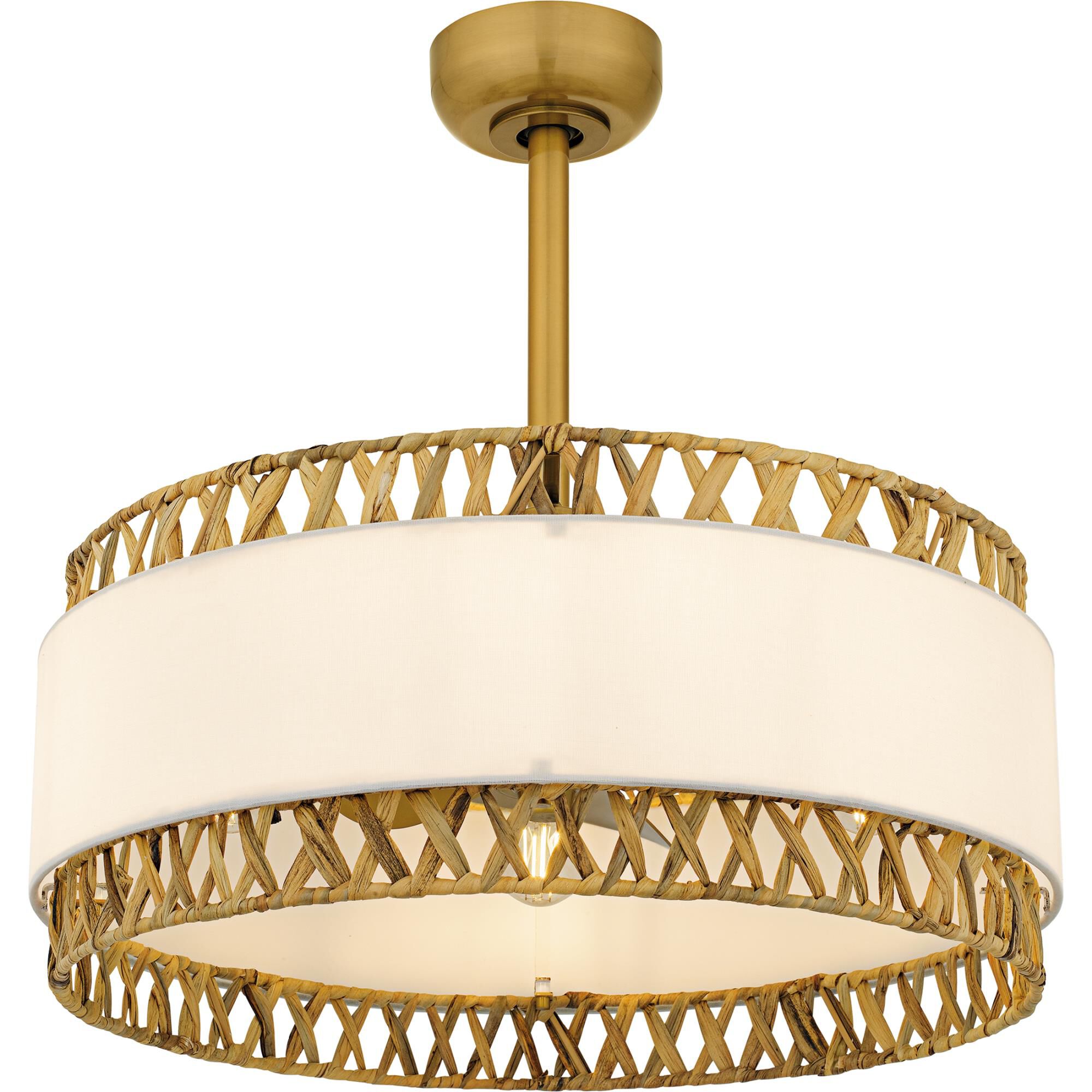 Shown in Brushed Gold finish and White Linen And Rattan shade