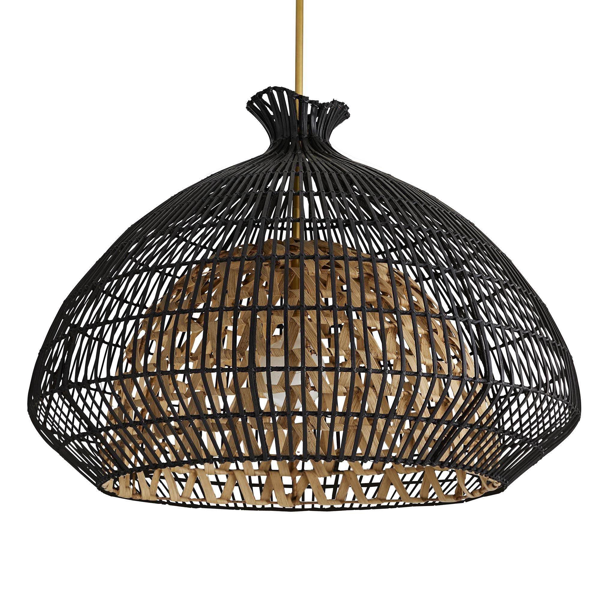 Shown in Antique Brass finish and Black Rattan Outer - Natural Rattan Inner shade