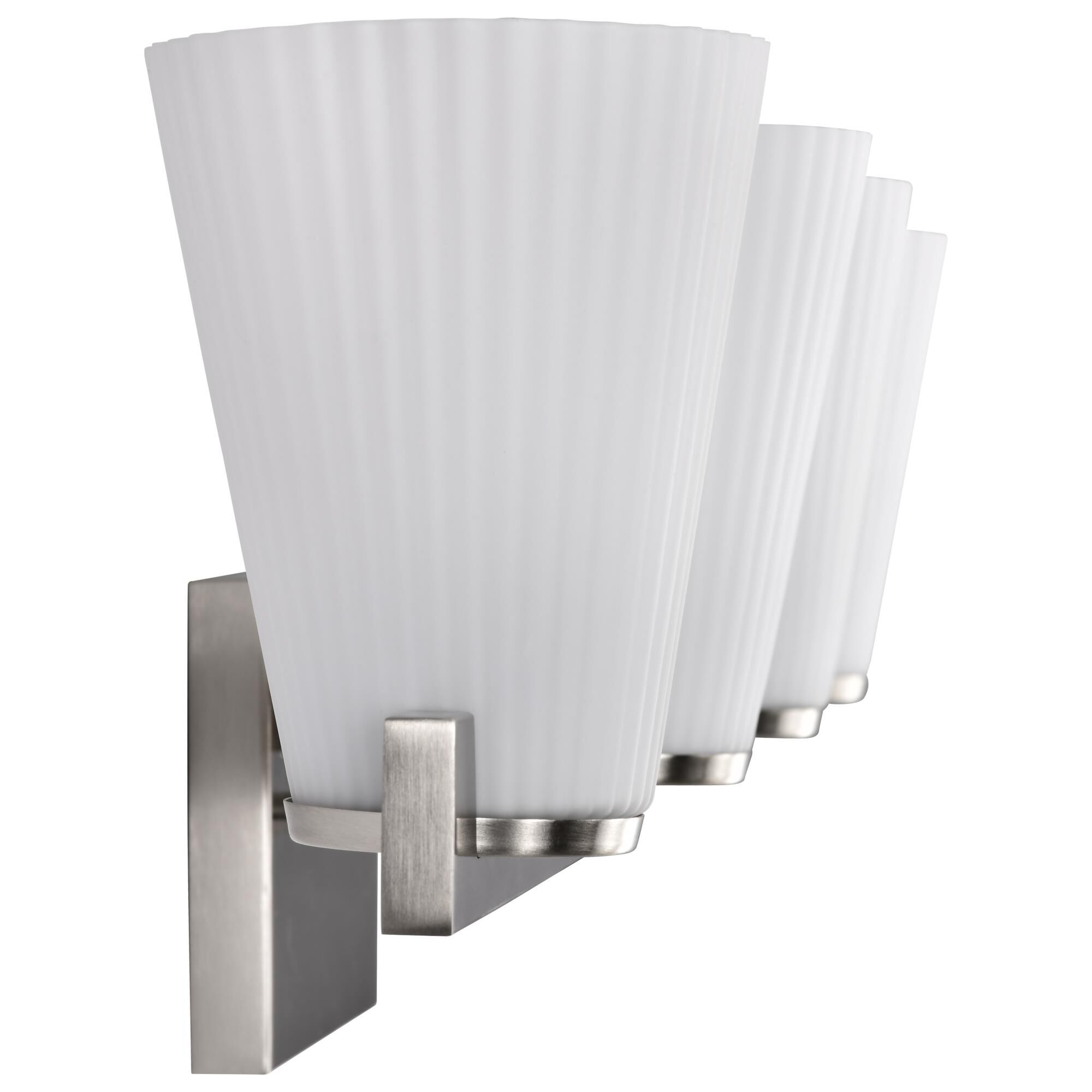 Shown in Brushed Nickel finish and Ribbed White glass