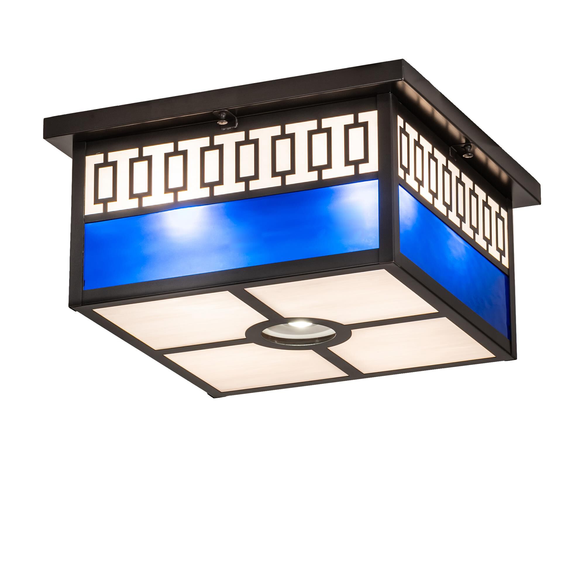 Shown in Craftsman Brown Finish finish and Blue;White glass