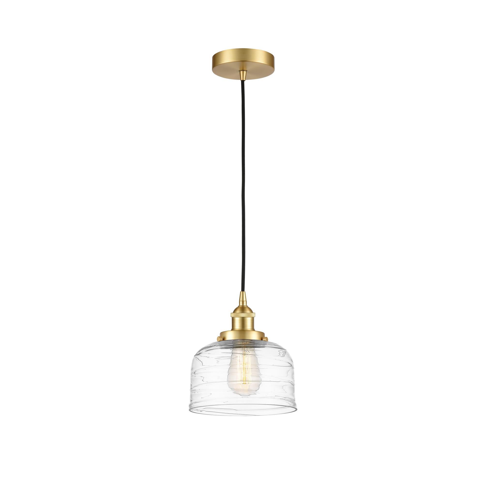 Shown in Satin Gold finish and Clear Deco Swirl Large Bell glass