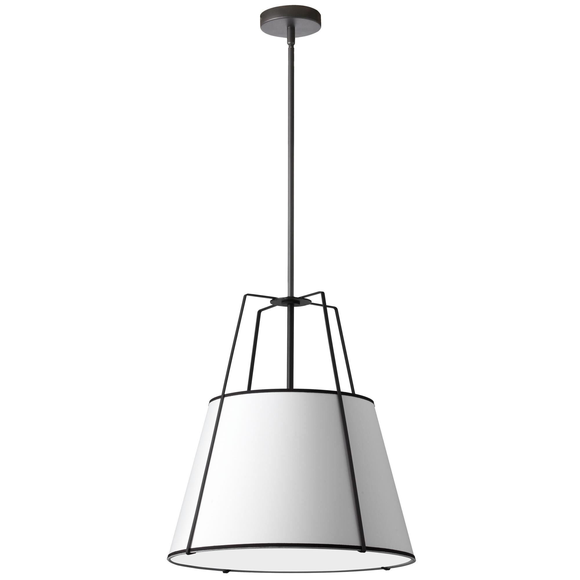 Shown in Black and White finish and White Fabric Tapered Drum shade