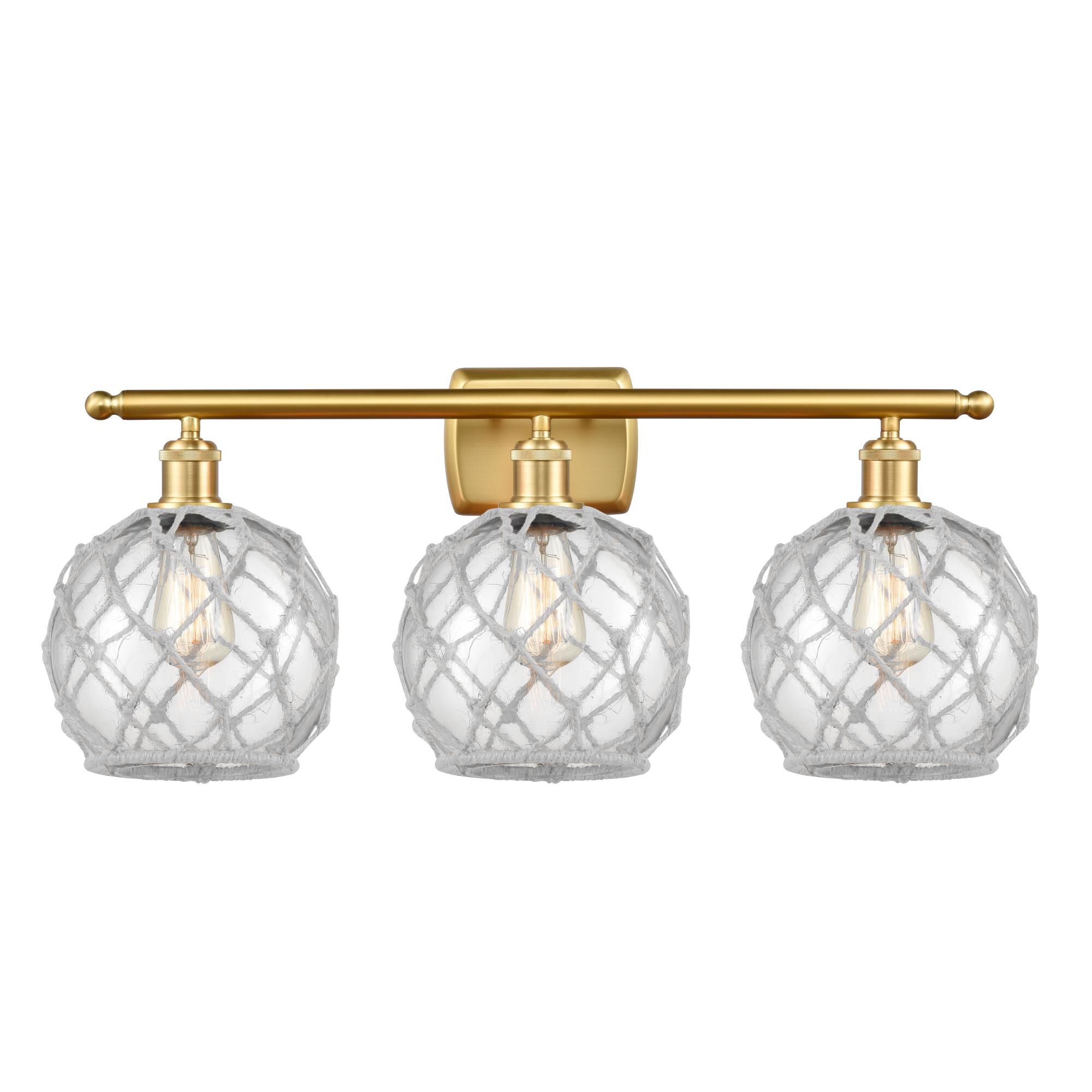 Shown in Satin Gold finish and Clear Farmhousewith White Rope glass