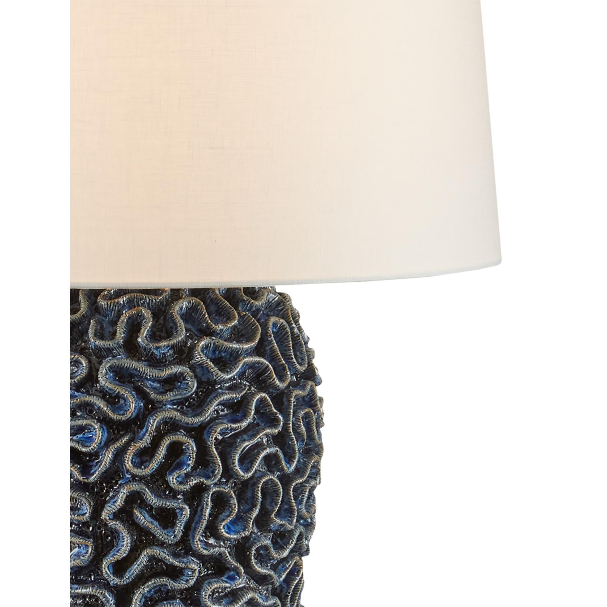 Shown in Blue finish and Off-White Linen shade