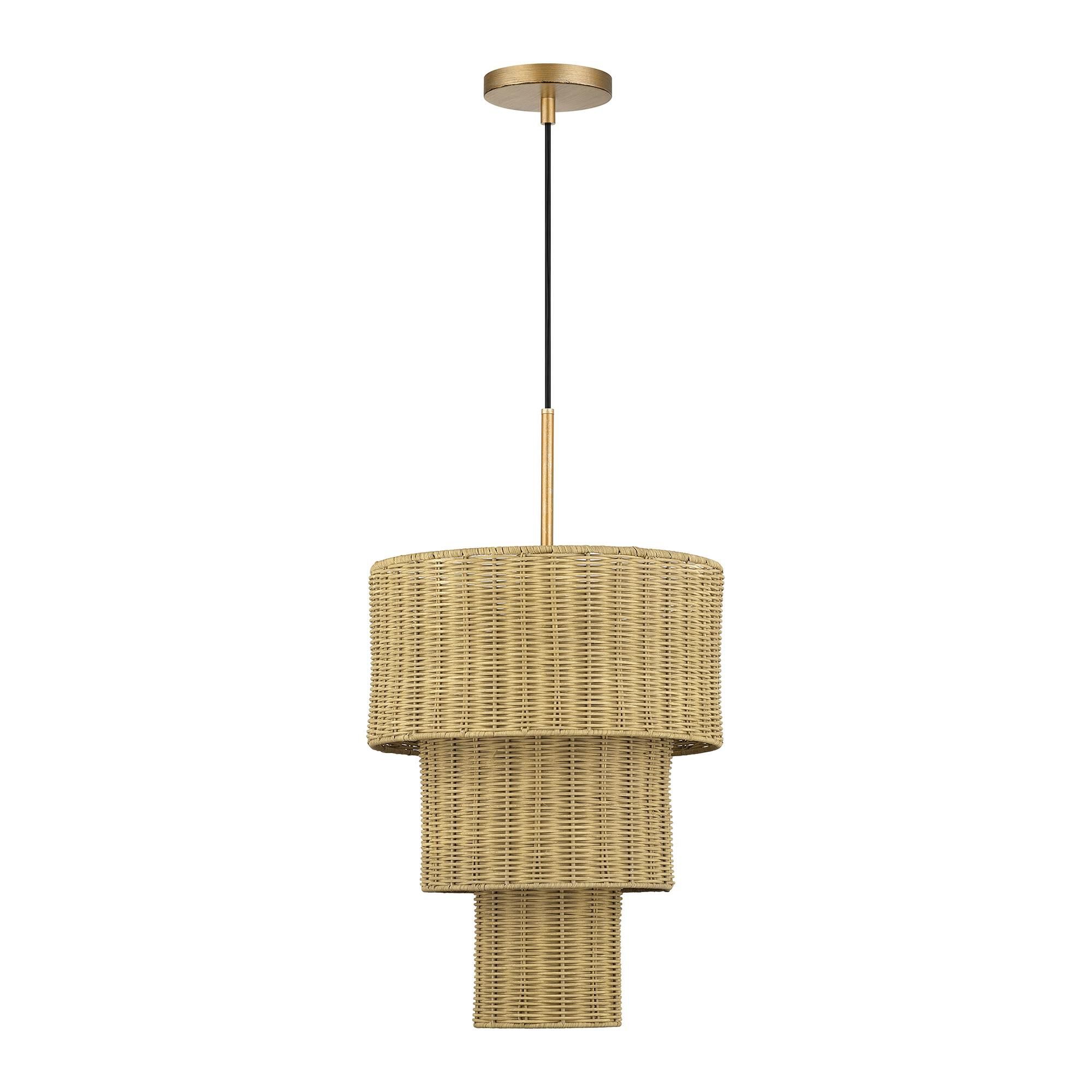 Shown in Antique Gold Leaf finish and Hand-Woven Rustic Walnut Color Rattan shade