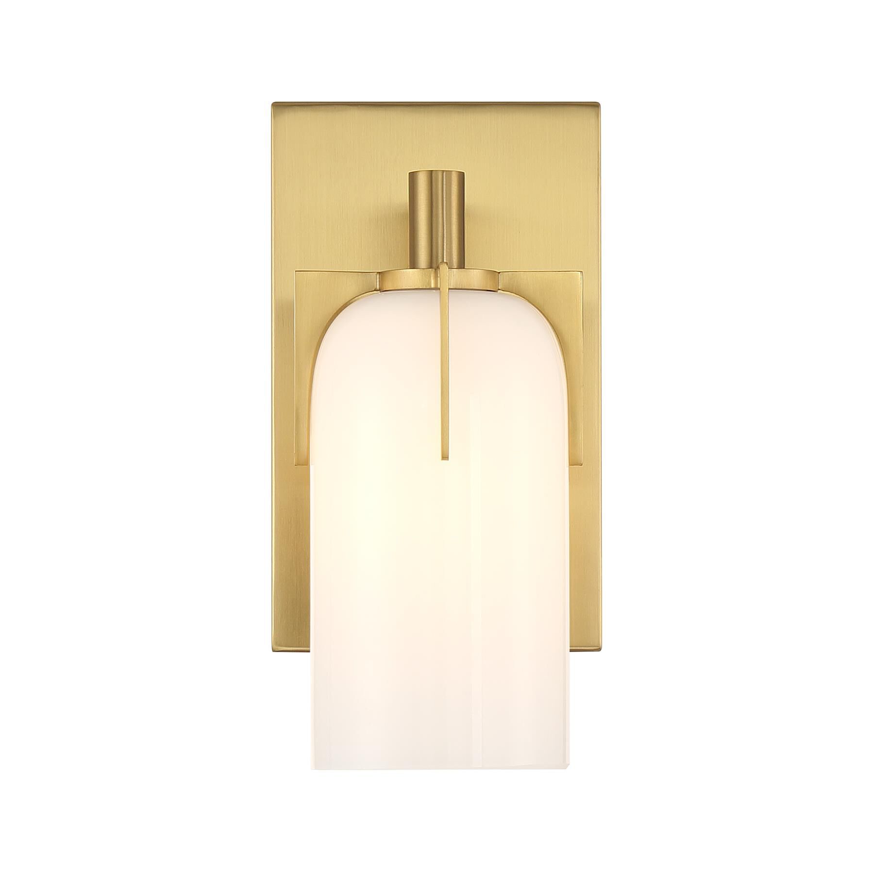 Shown in Warm Brass finish and Etched White Opal glass
