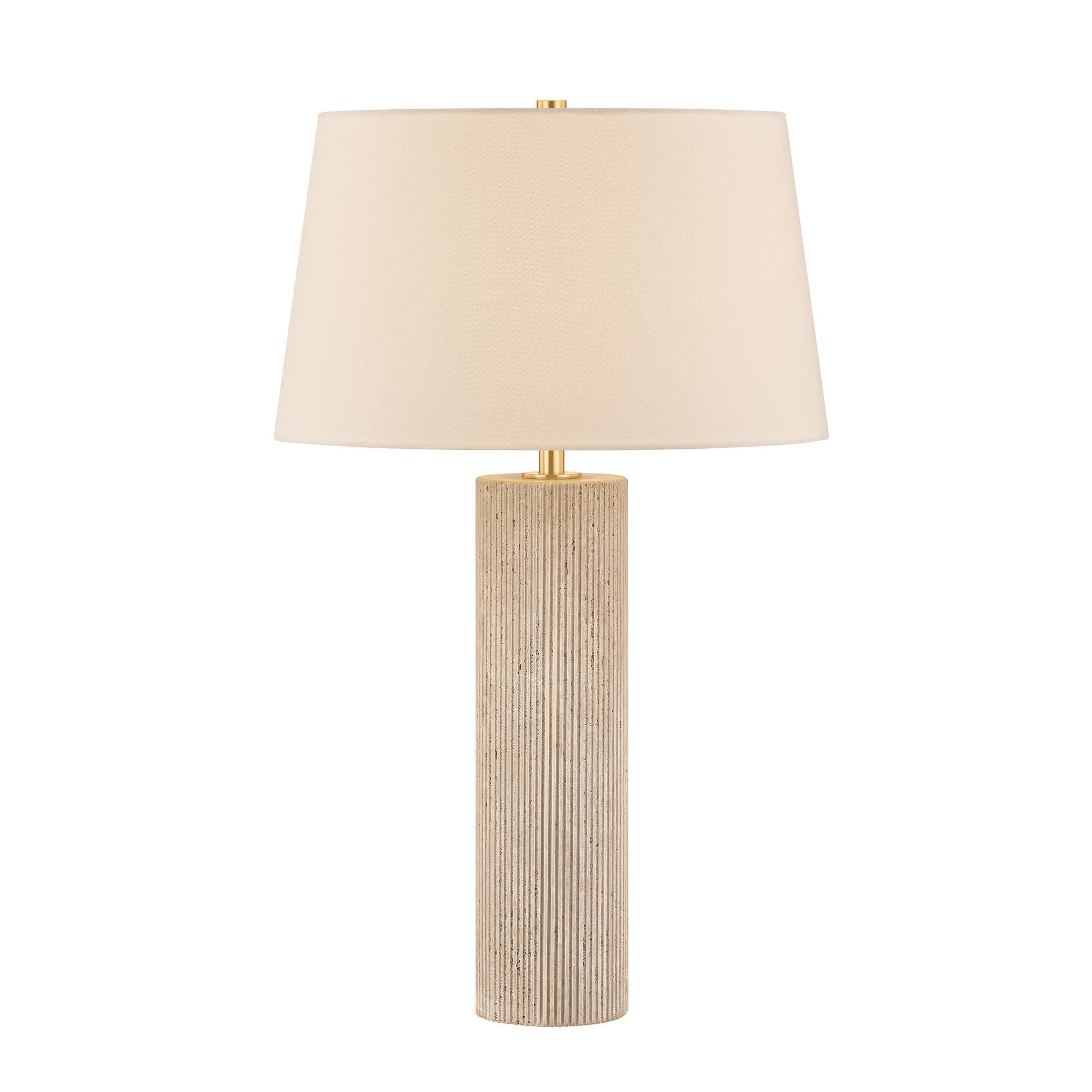 Shown in Aged Brass finish and Off White Linen shade
