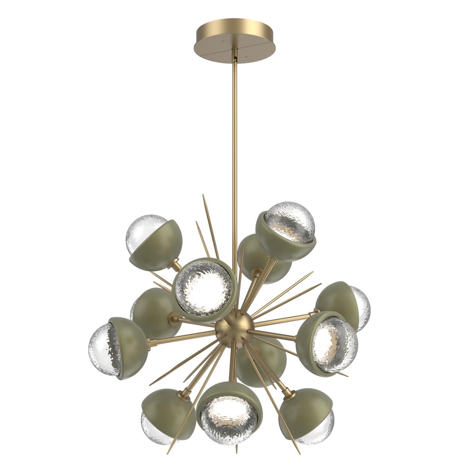 Shown in Gilded Brass finish and Clear glass and Sage Green accent