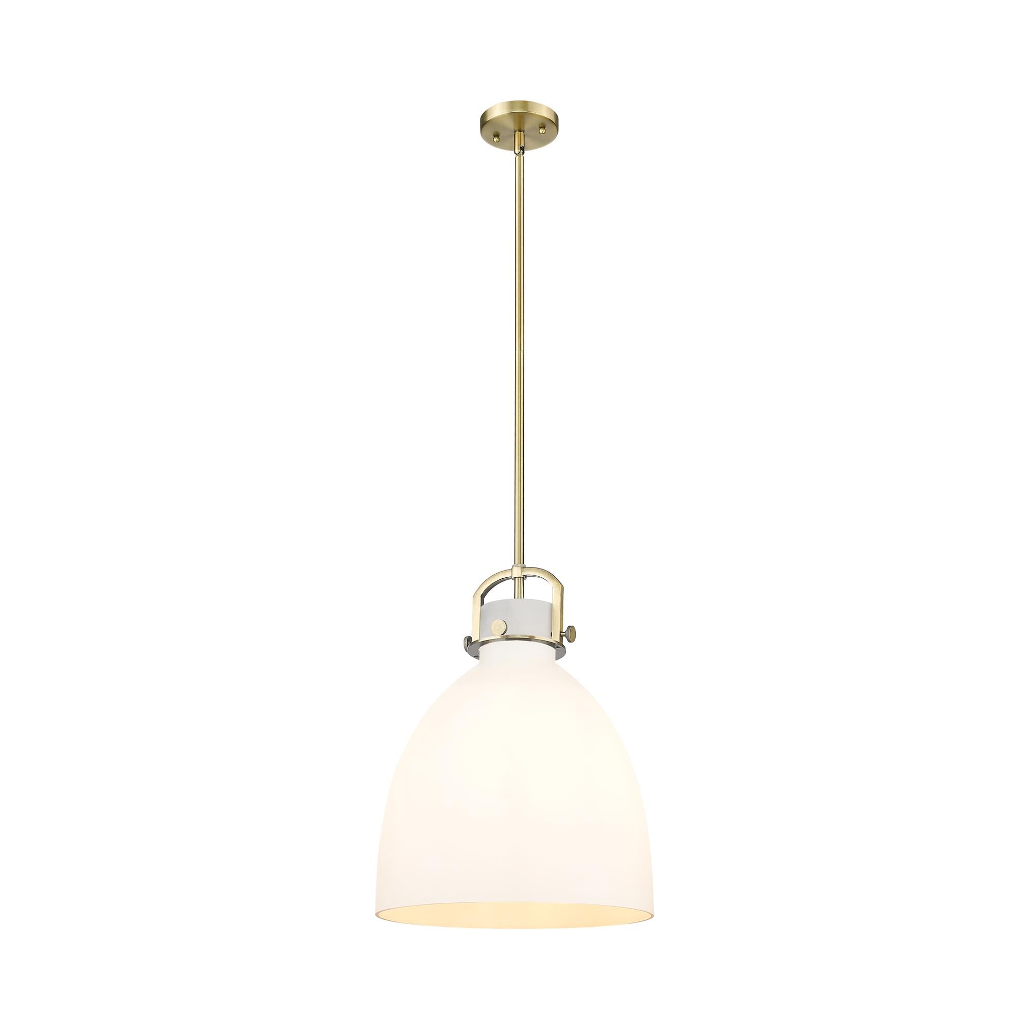 Shown in Brushed Brass finish and Matte White glass