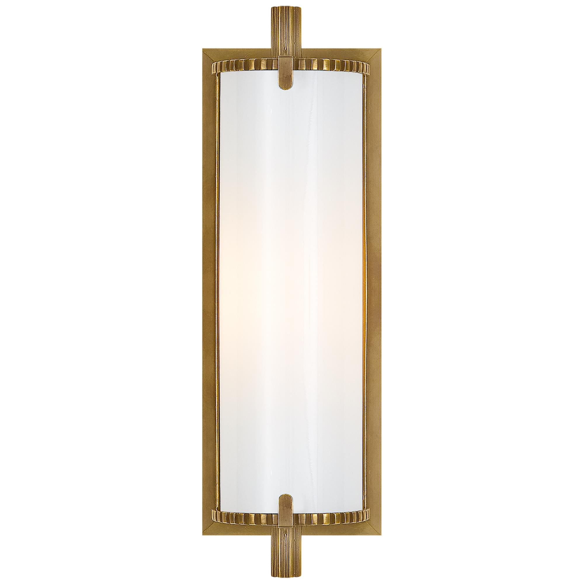 Shown in Hand-Rubbed Antique Brass finish and White glass