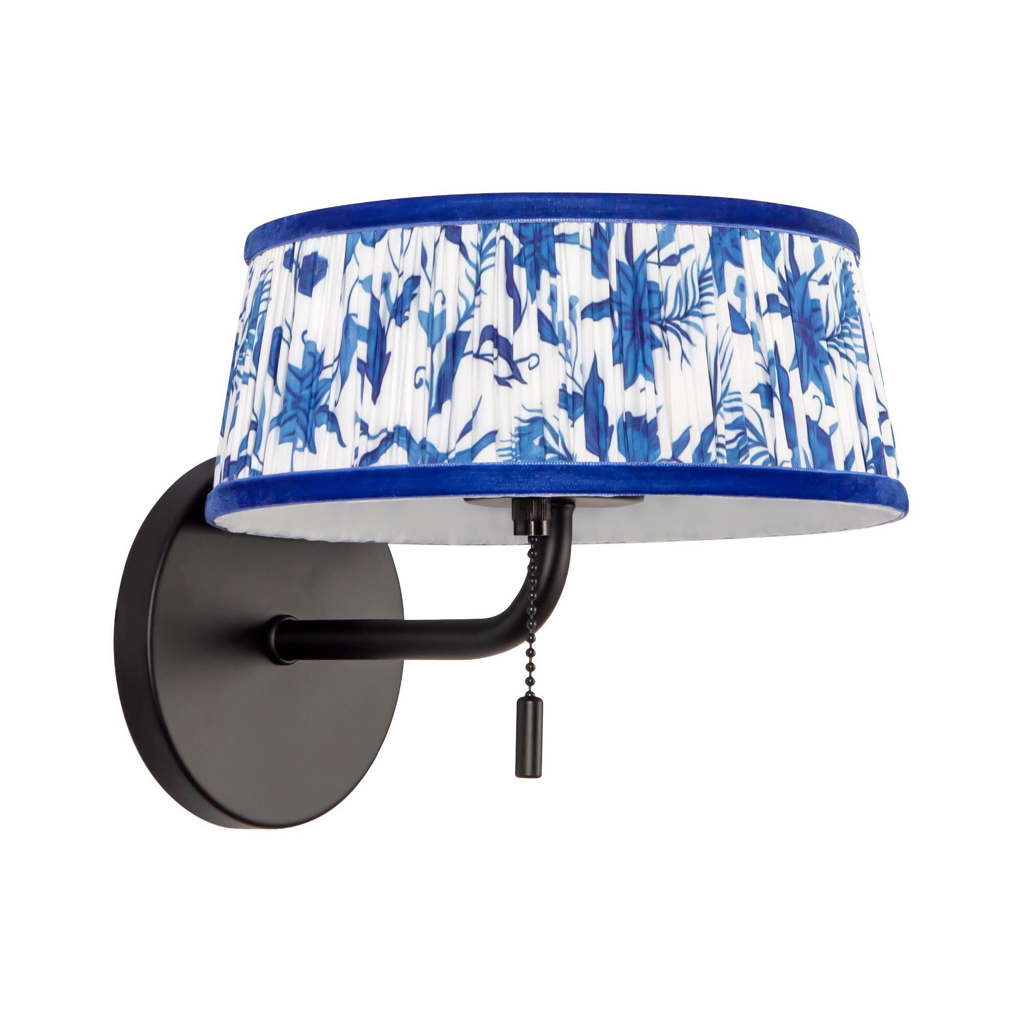 Shown in Matte Black finish and Blue Linen shade