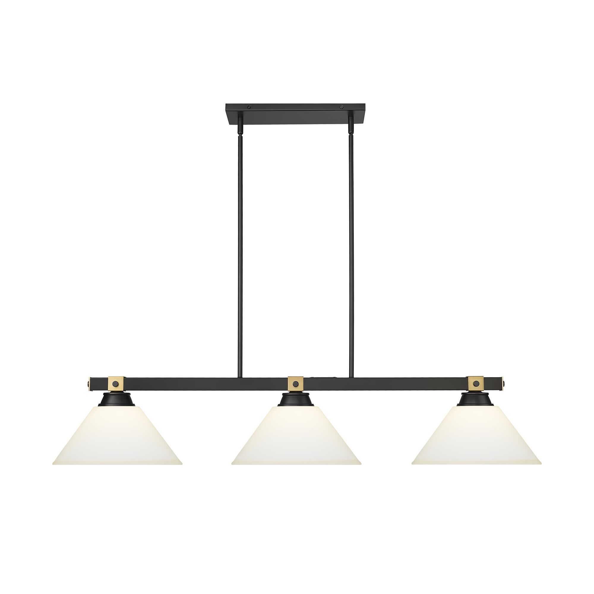 Shown in Matte Black + Rubbed Brass finish and Matte Opal glass and Matte Opal shade
