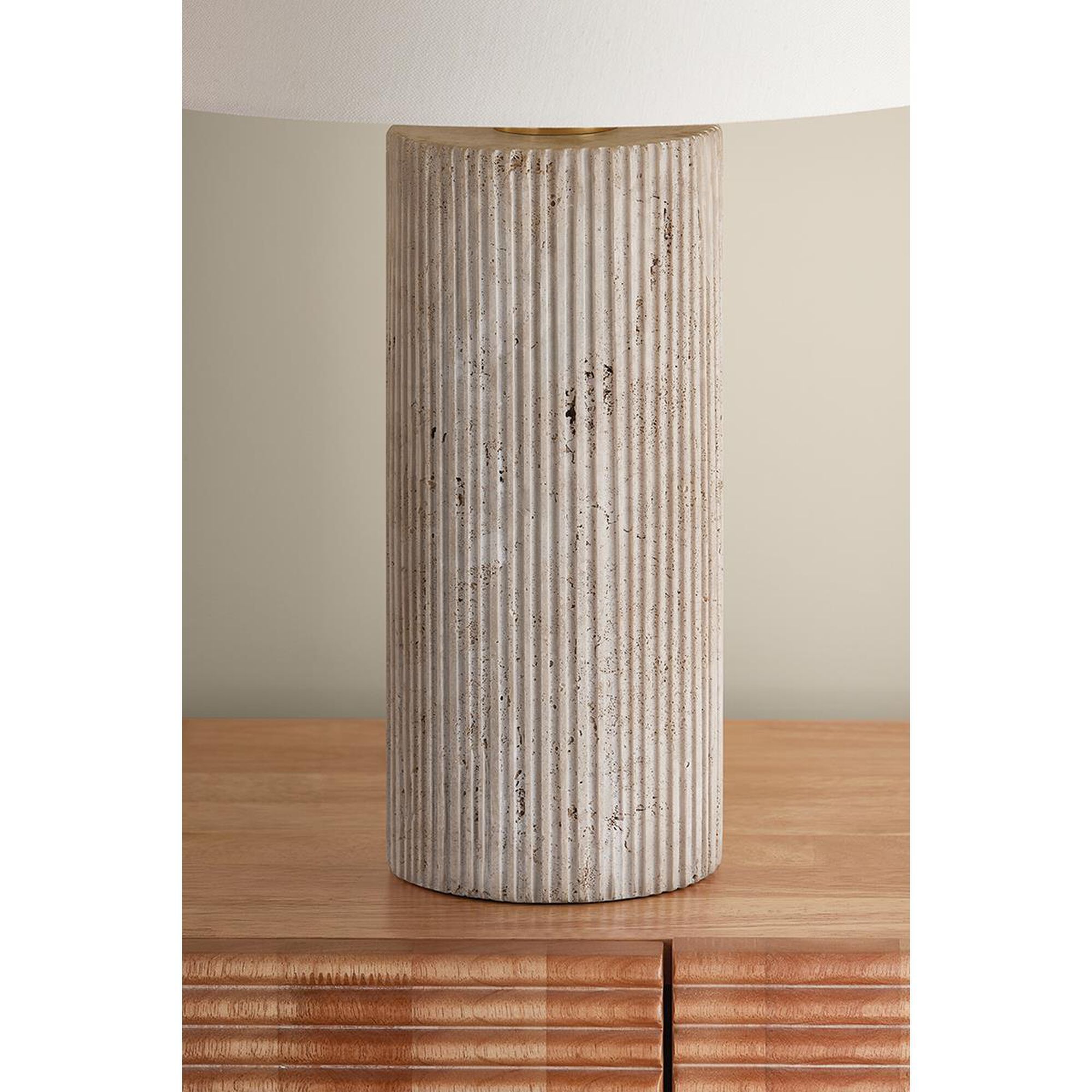 Shown in Aged Brass finish and Off White Linen shade