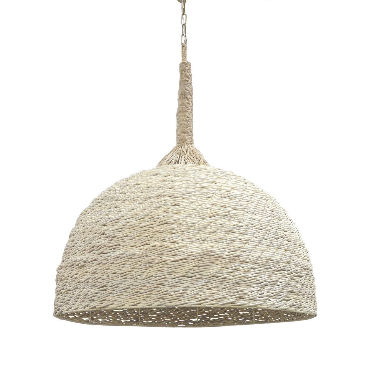 Shown in Nickel finish and Hand-woven Whitewash Wicker shade
