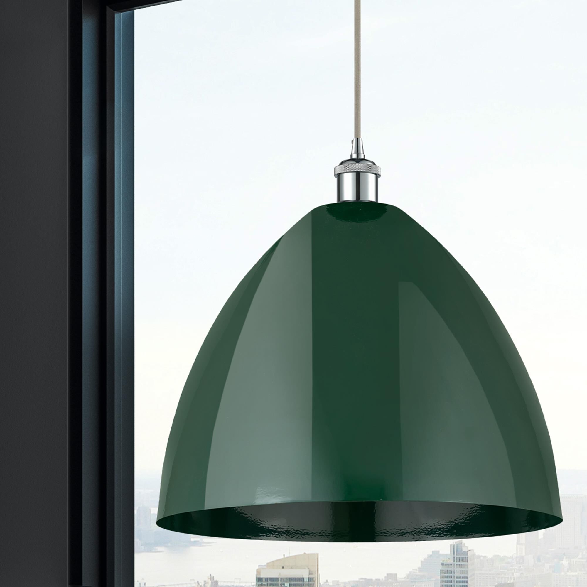 Shown in Polished Chrome finish and Green Plymouth Dome shade